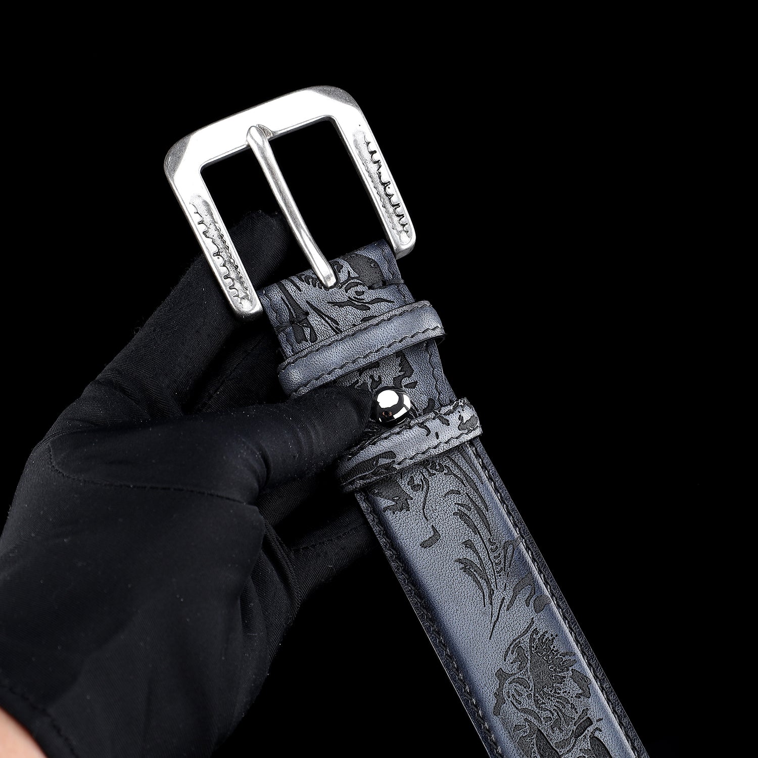 Men’s Floral Leather Belt – Hand-Dyed Midnight Blue — lifestyle shot | BELTLEY
