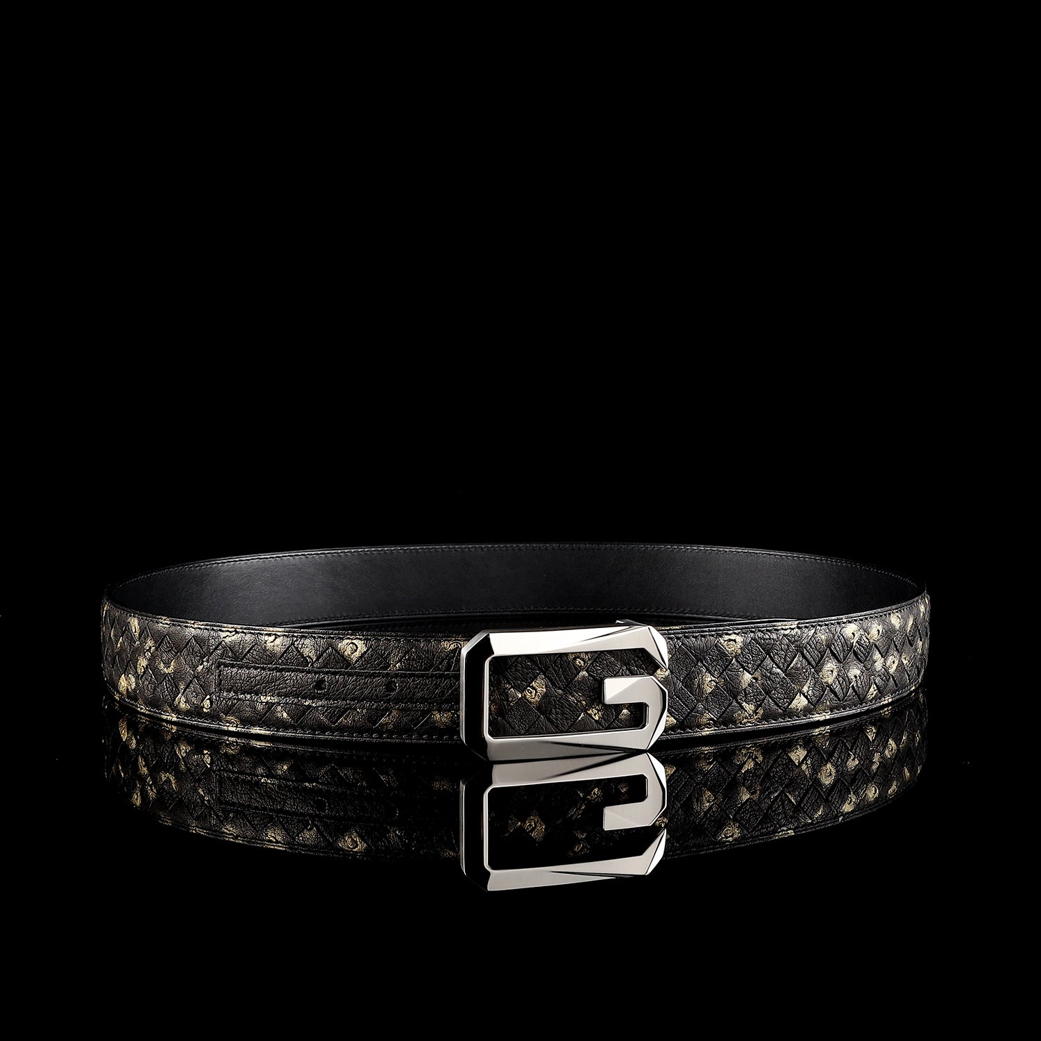 BELTLEY Men’s Handwoven Ostrich Leather Belt With G Buckle