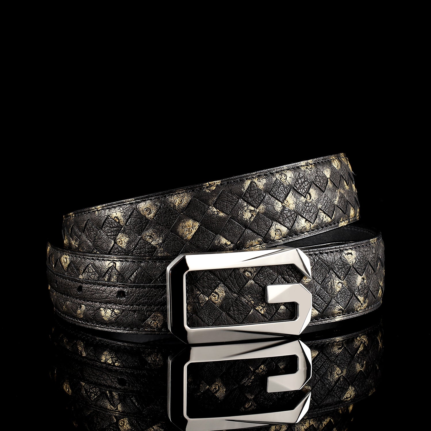 BELTLEY Men’s Handwoven Ostrich Leather Belt With G Buckle