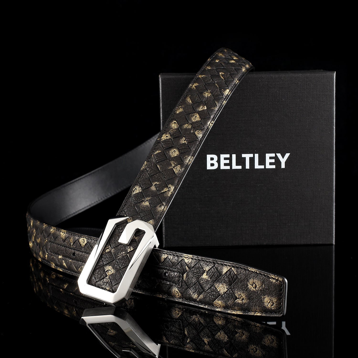 Men’s Handwoven Ostrich Leather Belt With G Buckle — lifestyle shot | BELTLEY