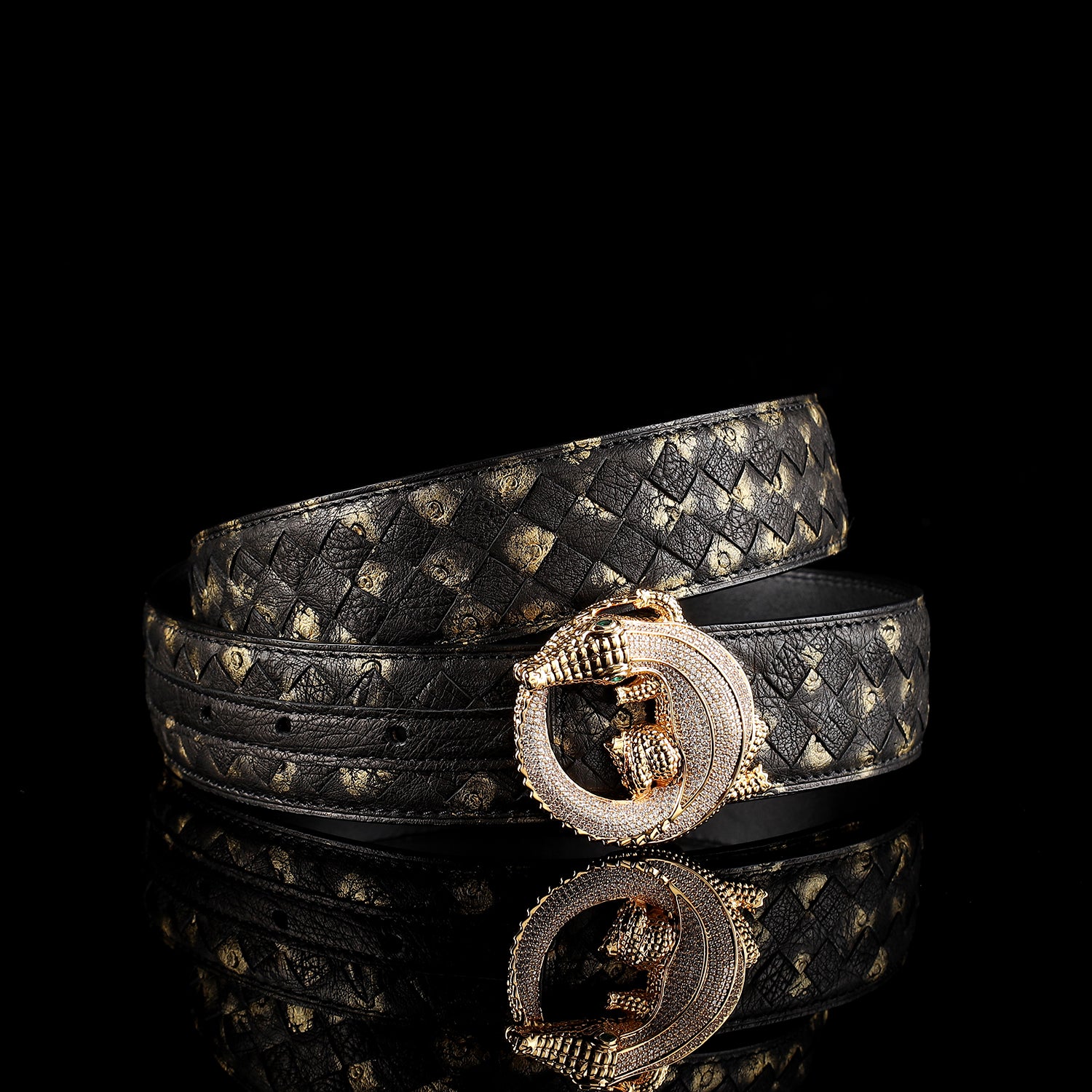 BELTLEY Men’s Handwoven Ostrich Leather Belt – 3D Gold Crocodile Buckle