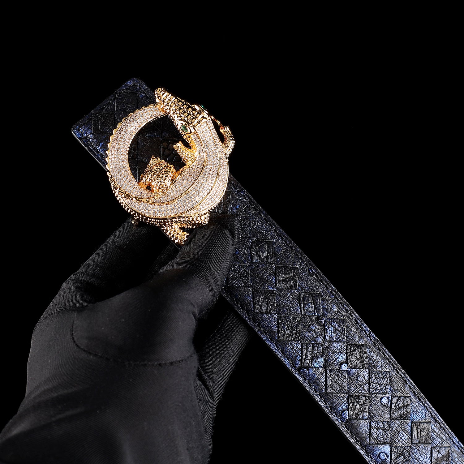 Men’s Handwoven Ostrich Leather Belt – 3D Gold Crocodile Buckle — additional view 13 | BELTLEY