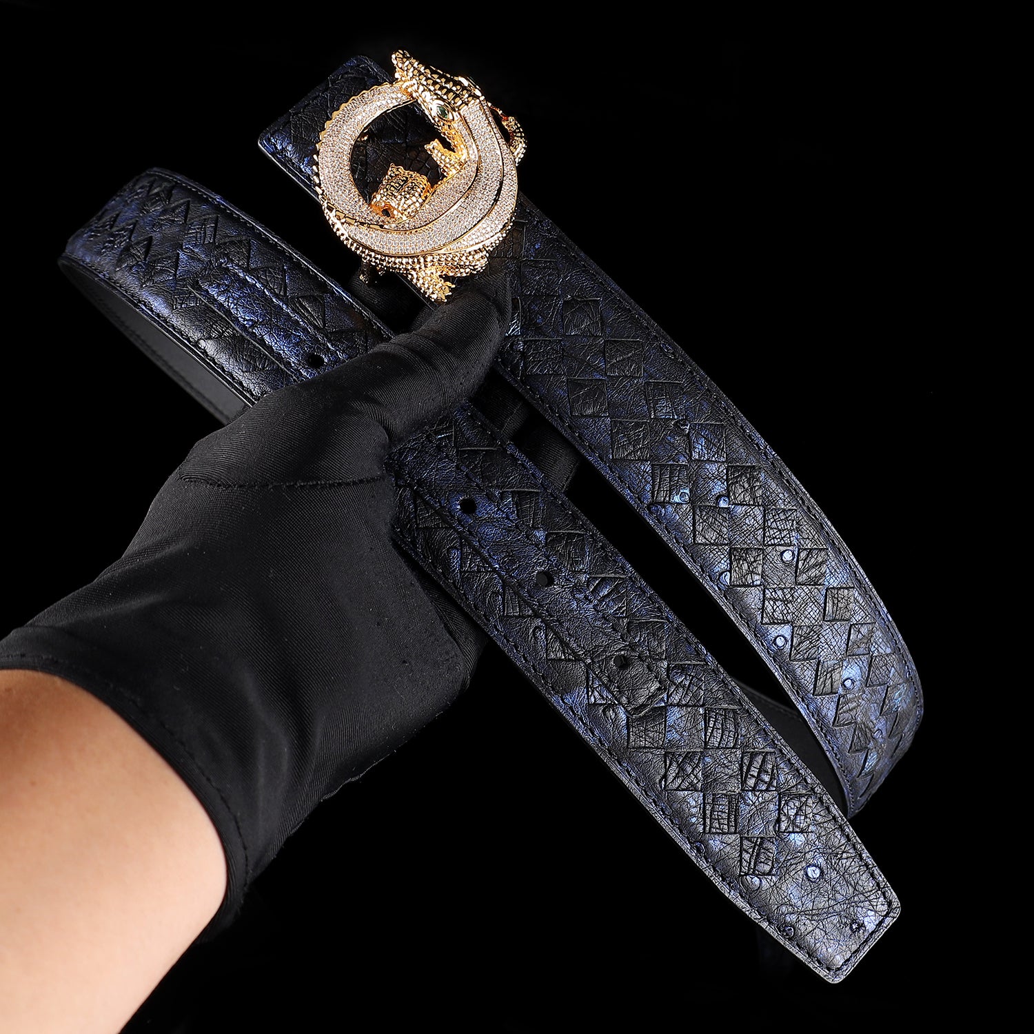 Men’s Handwoven Ostrich Leather Belt – 3D Gold Crocodile Buckle — additional view 15 | BELTLEY