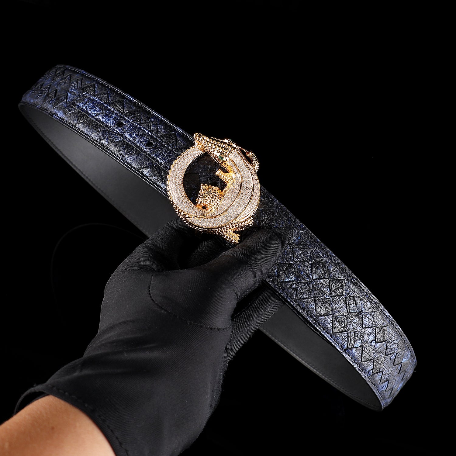 Men’s Handwoven Ostrich Leather Belt – 3D Gold Crocodile Buckle — packaging | BELTLEY