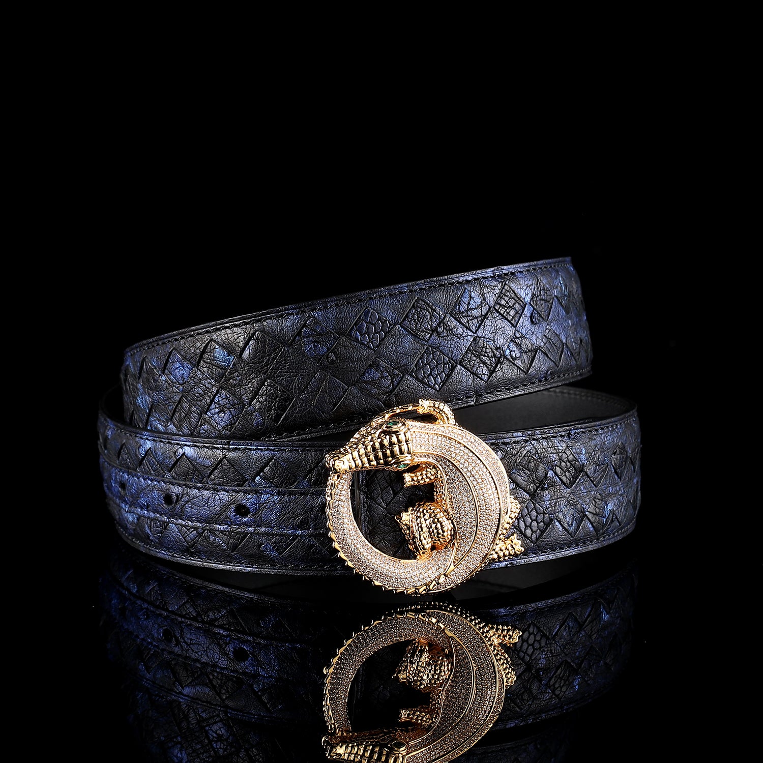 Men’s Handwoven Ostrich Leather Belt – 3D Gold Crocodile Buckle — additional view 11 | BELTLEY
