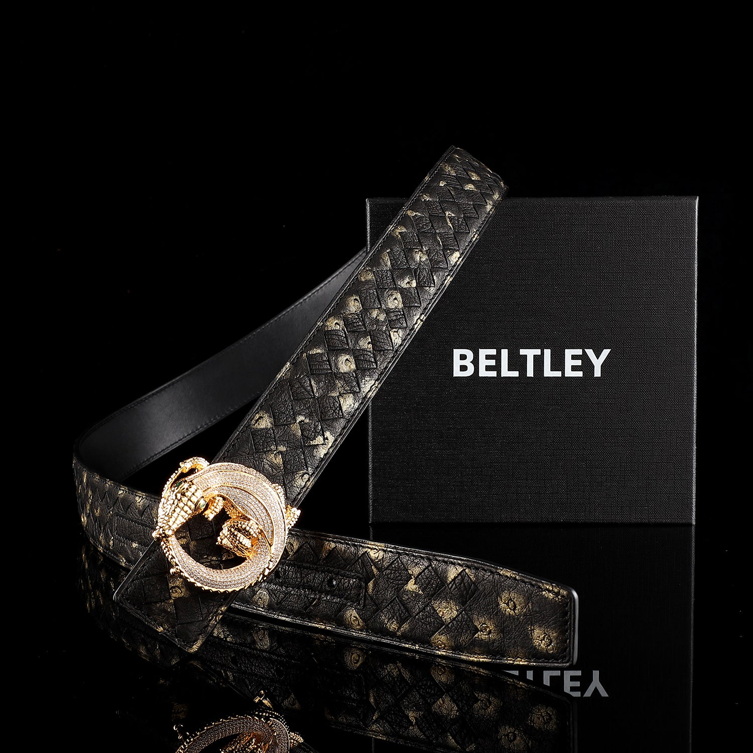 Men’s Handwoven Ostrich Leather Belt – 3D Gold Crocodile Buckle — side detail | BELTLEY
