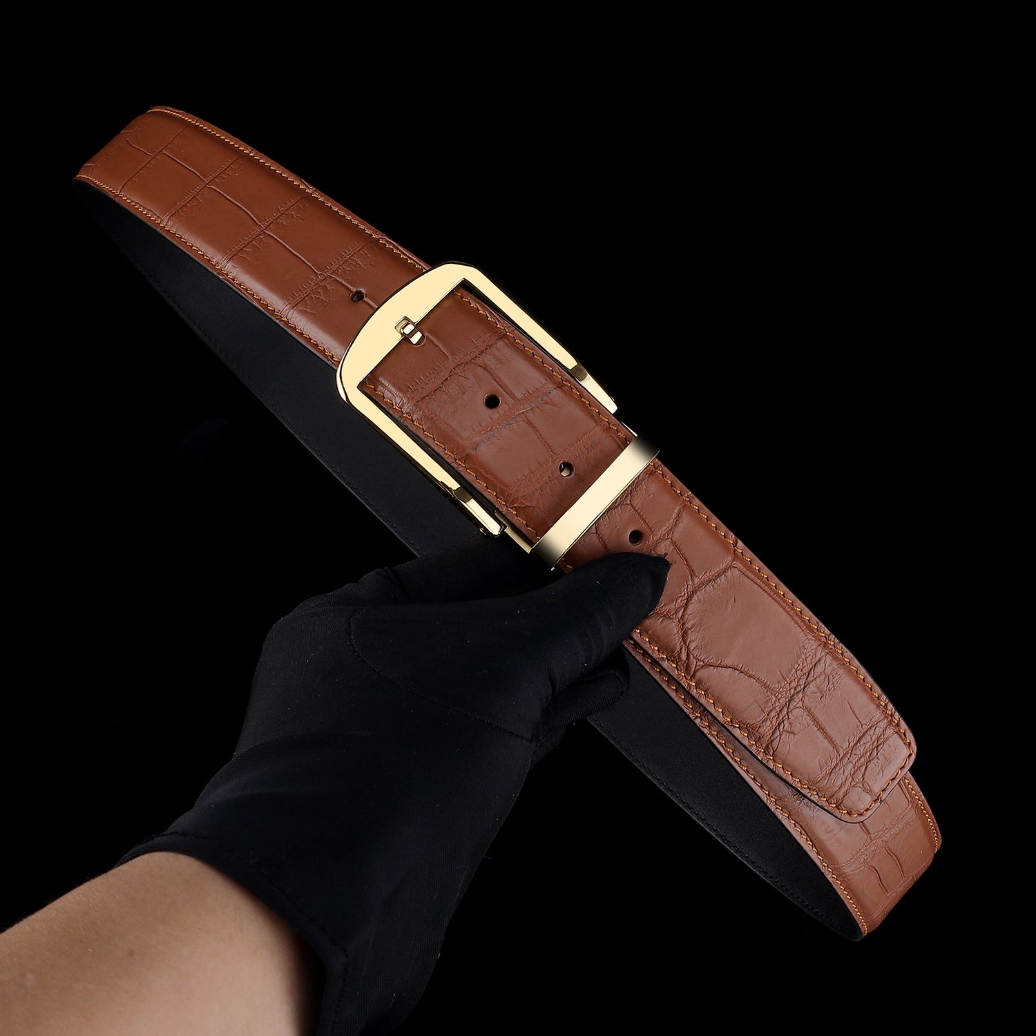 Men's Matte Cognac Tan Real Crocodile Leather Belt — detail close-up | BELTLEY