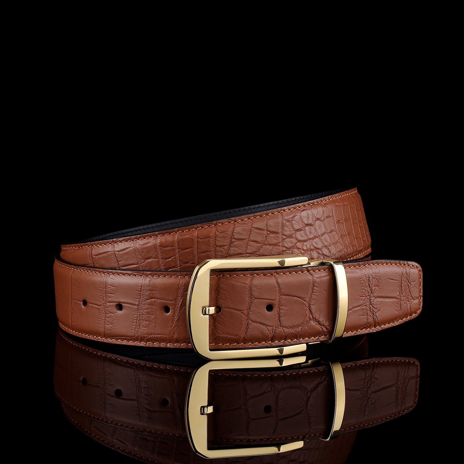 Men's Matte Cognac Tan Real Crocodile Leather Belt — buckle close-up | BELTLEY