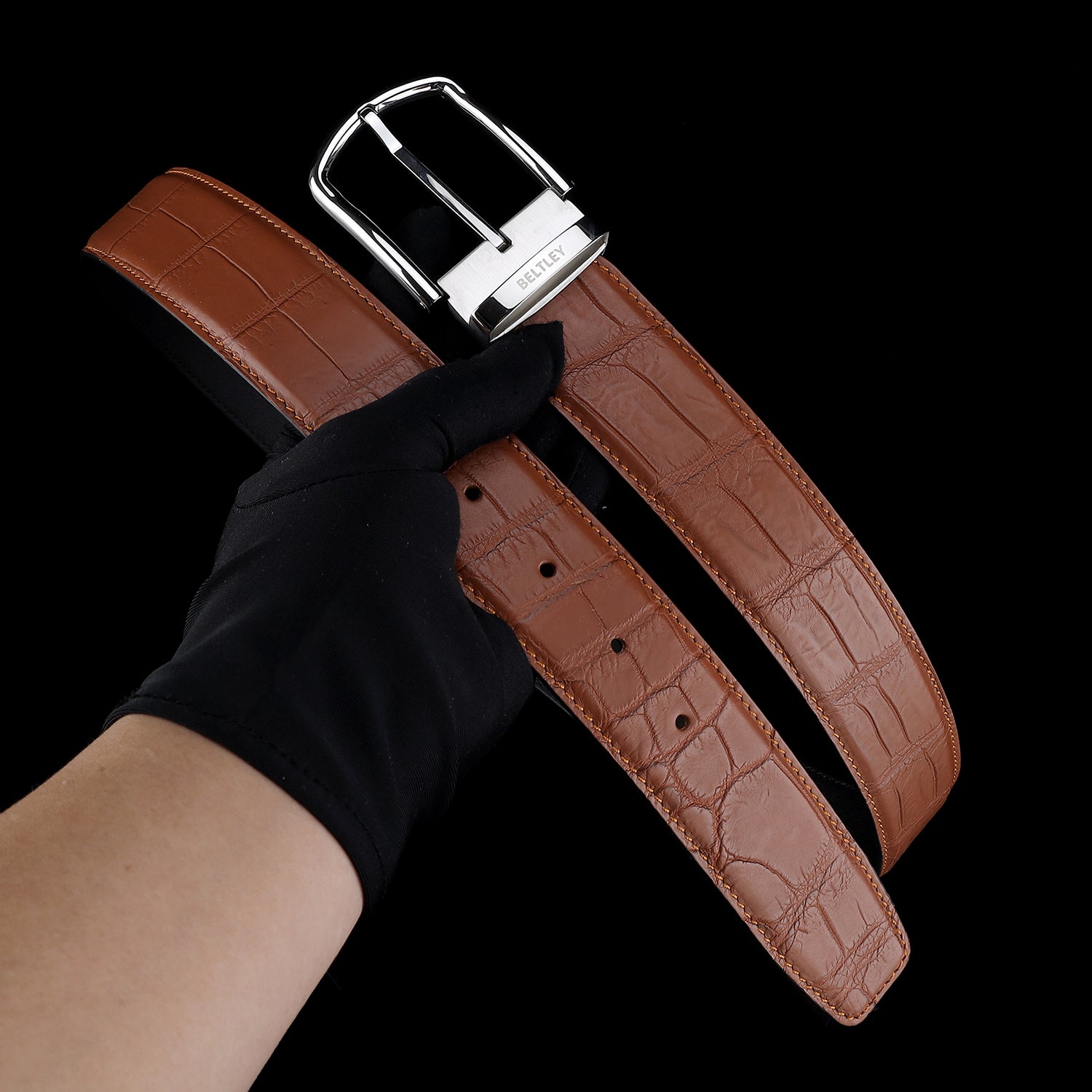 Men's Matte Cognac Tan Real Crocodile Leather Belt — additional view 11 | BELTLEY