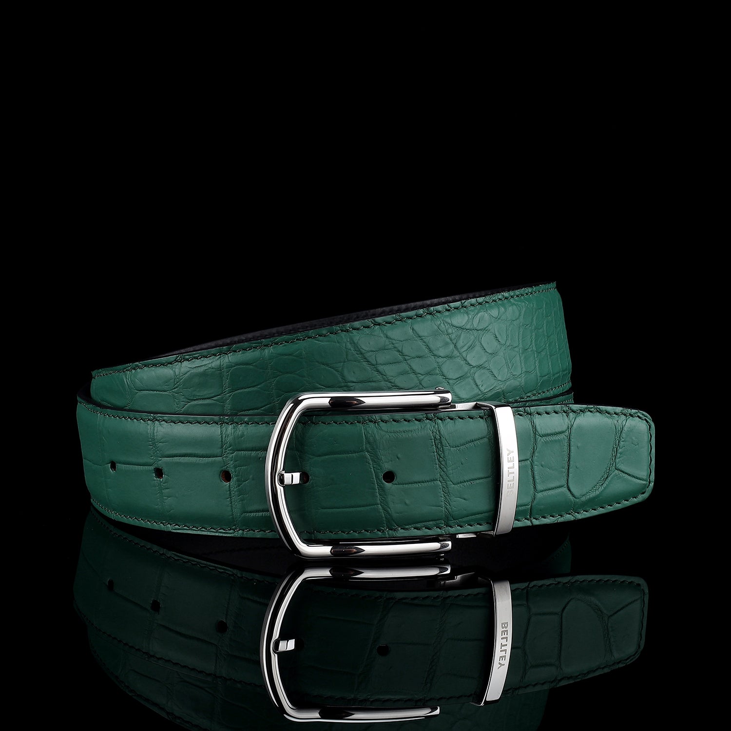 BELTLEY Men's Matte Emerald Green Genuine Crocodile Skin Belt