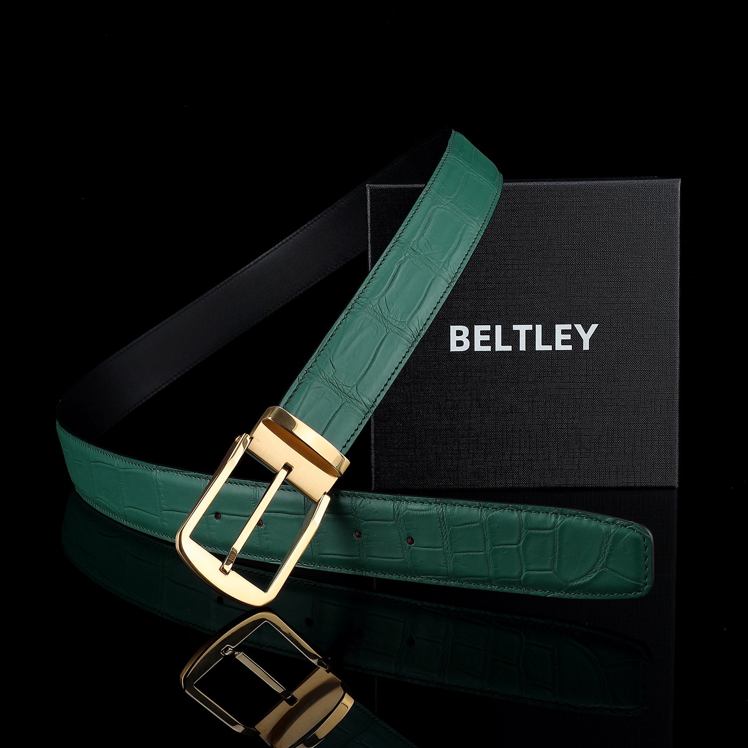 BELTLEY Men's Matte Emerald Green Genuine Crocodile Skin Belt
