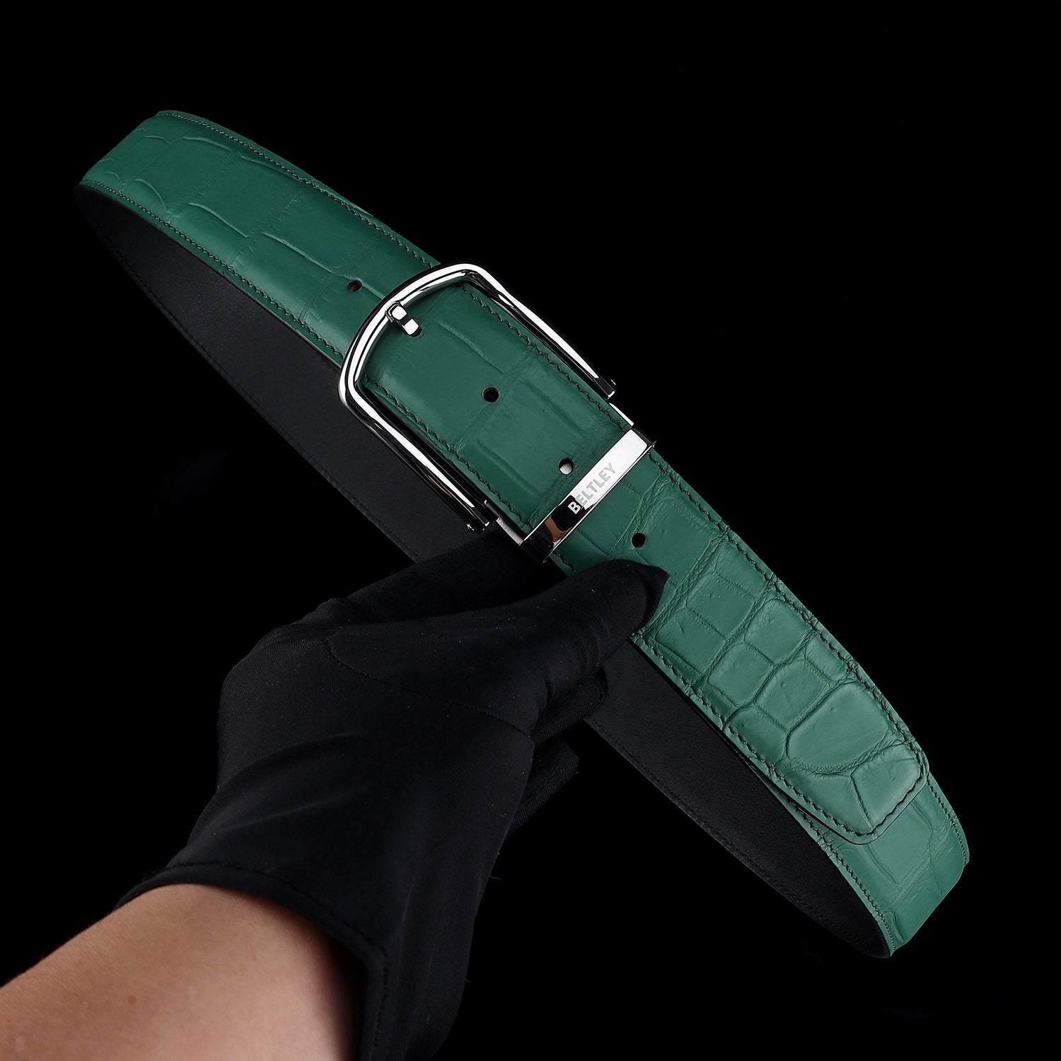 BELTLEY Men's Matte Emerald Green Genuine Crocodile Skin Belt