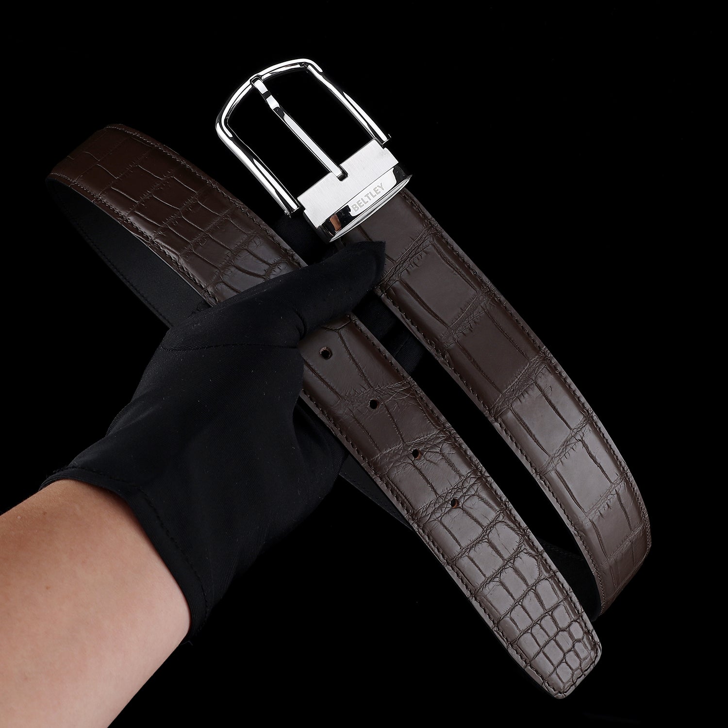 BELTLEY Men's Matte Espresso Brown Crocodile Dress Belt