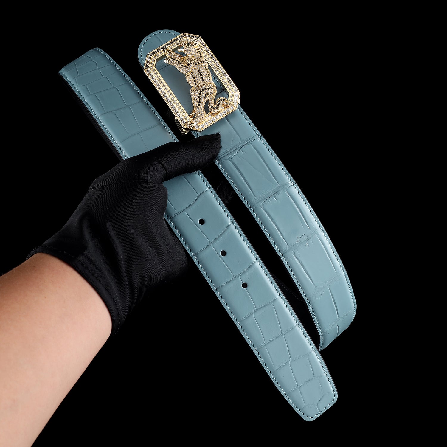 BELTLEY Men's Tiffany Blue Crocodile Belt with Dog Buckle