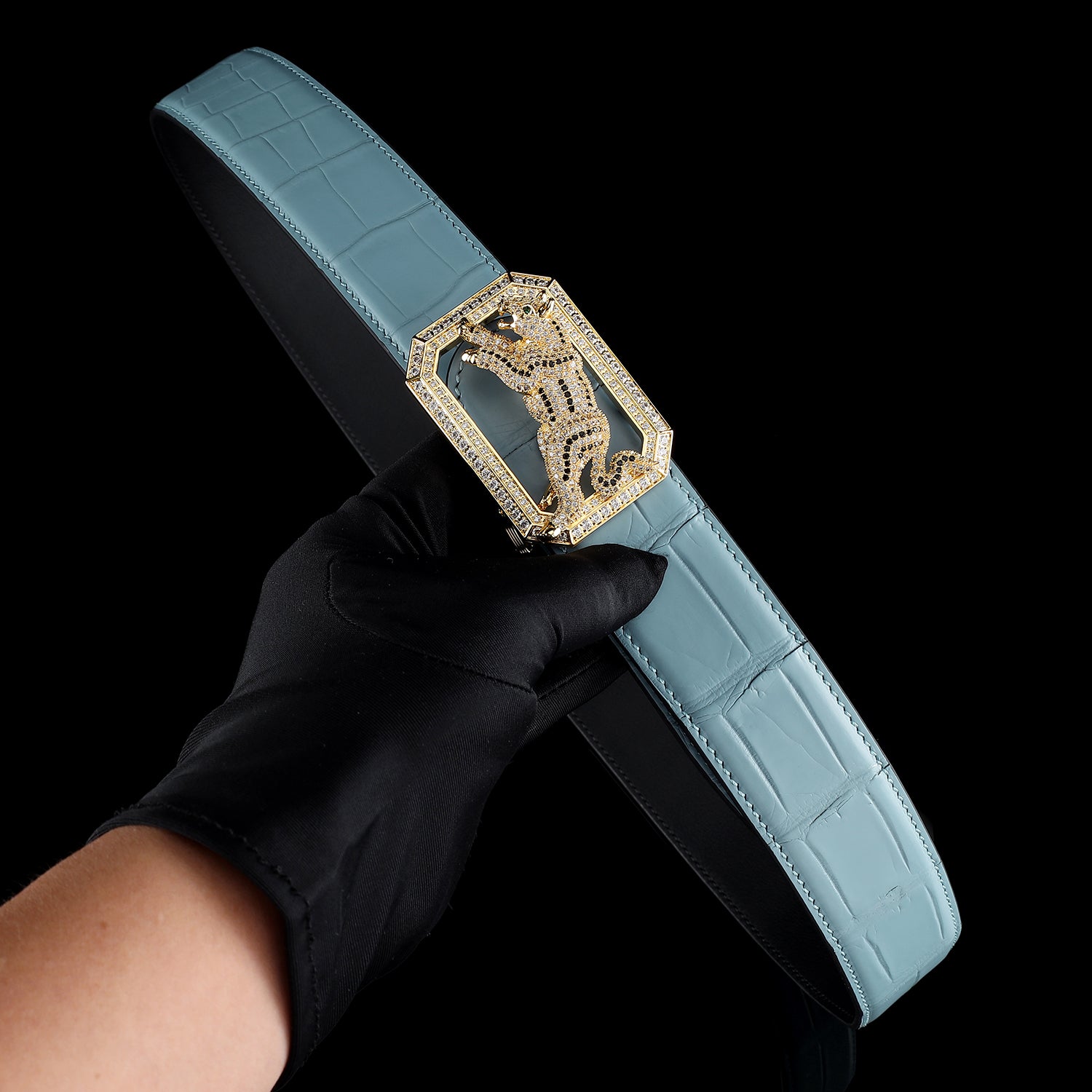 BELTLEY Men's Tiffany Blue Crocodile Belt with Dog Buckle