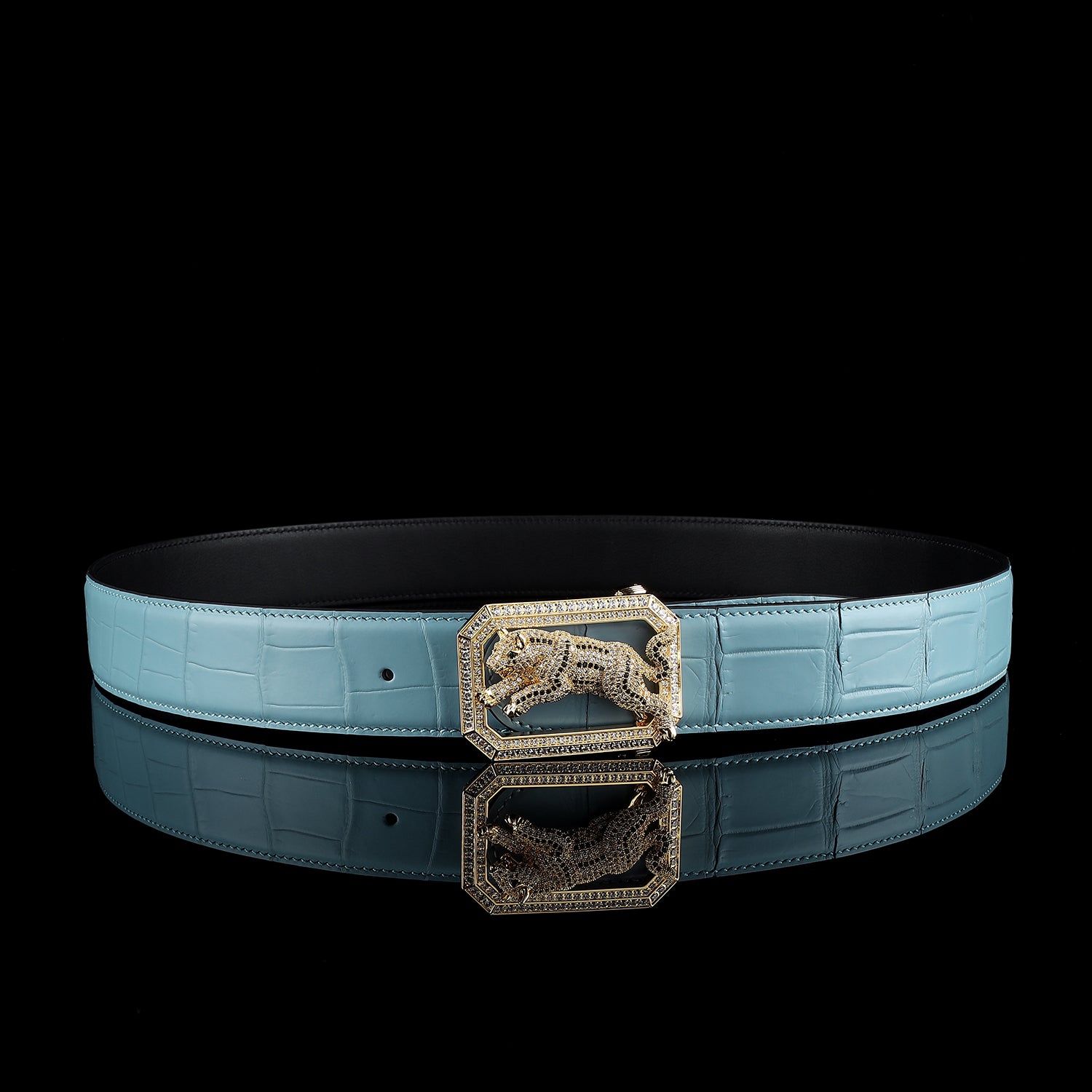 BELTLEY Men's Tiffany Blue Crocodile Belt with Dog Buckle