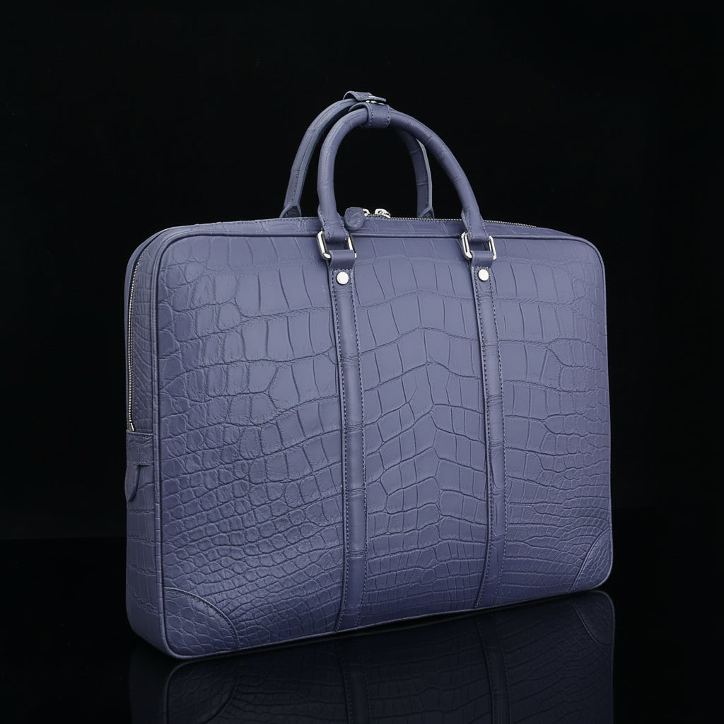 BELTLEY Navy Blue Matte Crocodile Leather Briefcase-Business Bag