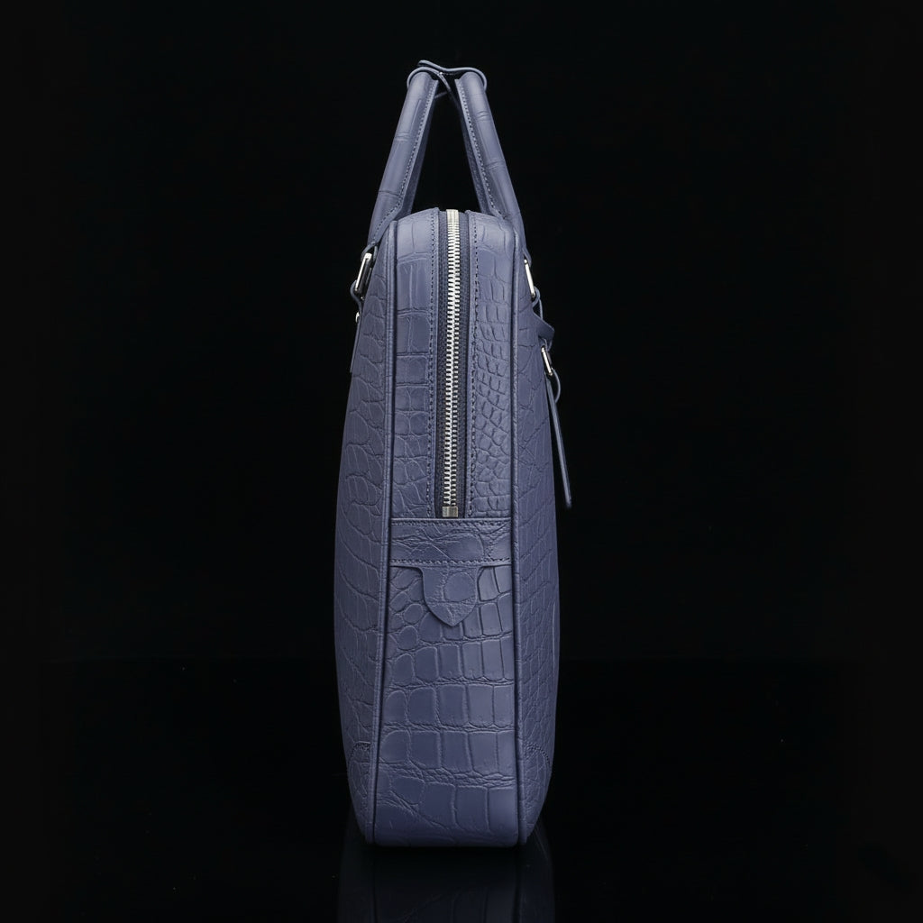 BELTLEY Navy Blue Matte Crocodile Leather Briefcase-Business Bag