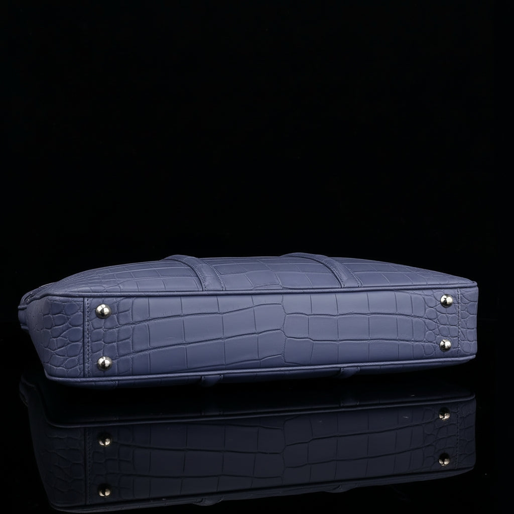 BELTLEY Navy Blue Matte Crocodile Leather Briefcase-Business Bag