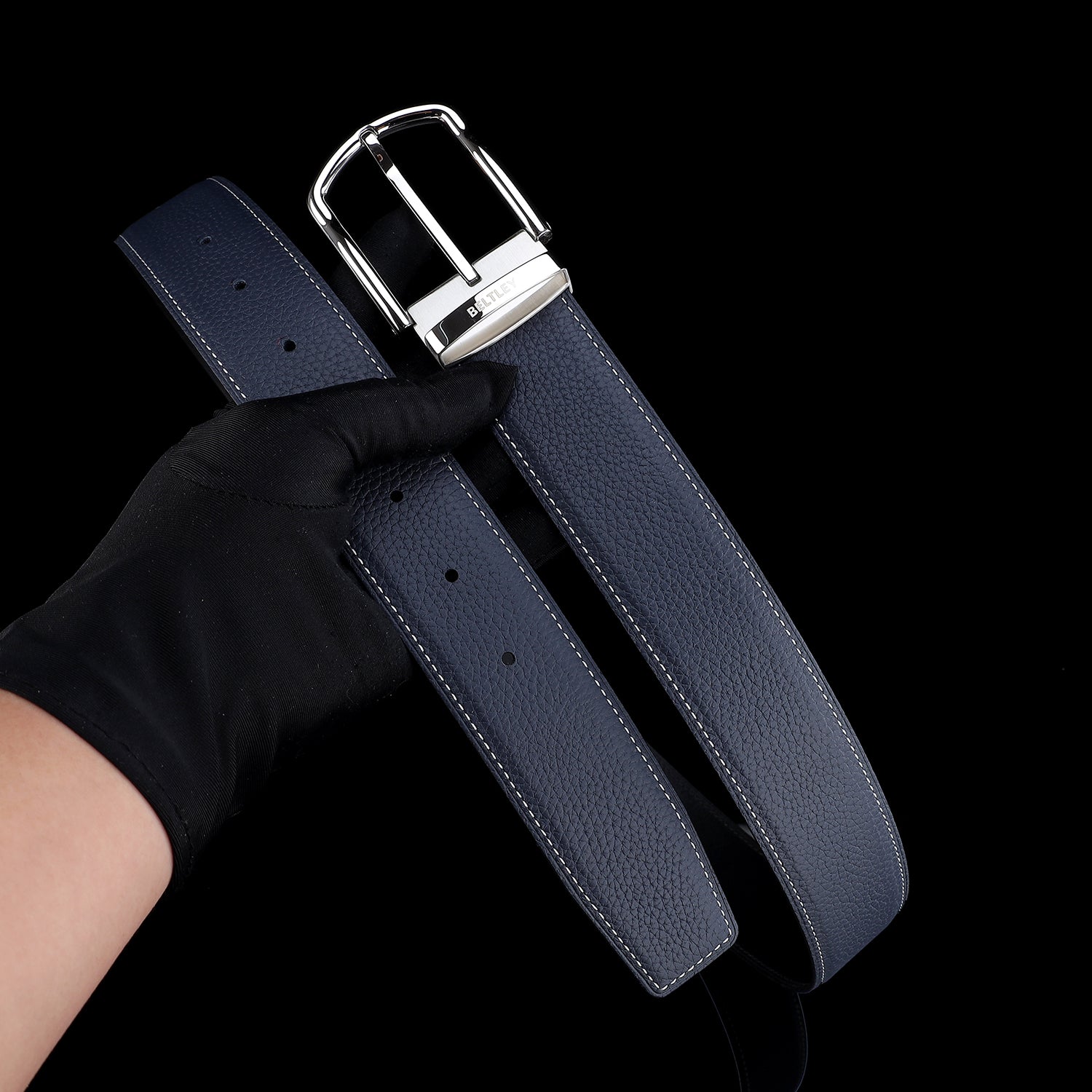 BELTLEY Navy Blue Pebbled Leather Belt For Men and Women