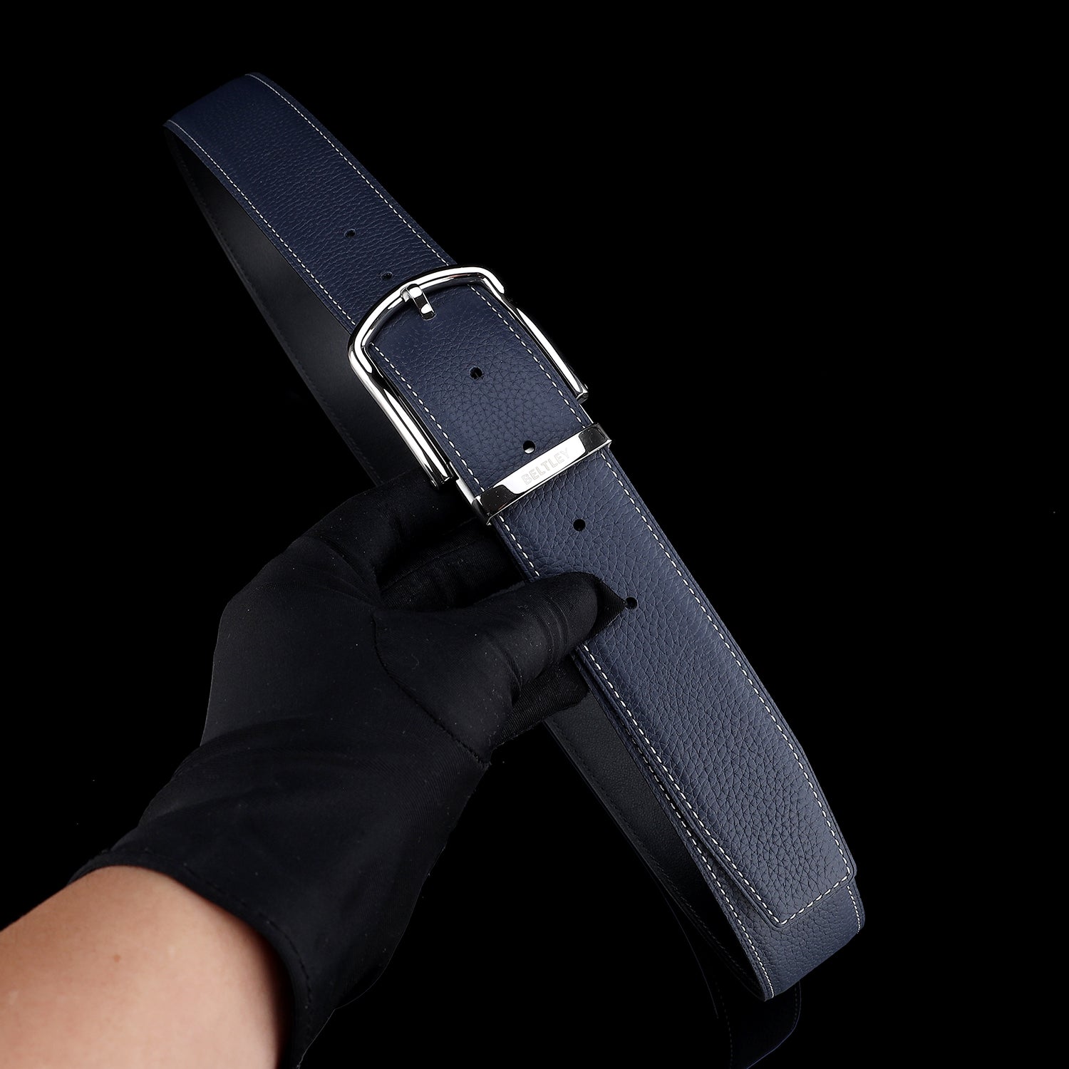 BELTLEY Navy Blue Pebbled Leather Belt For Men and Women