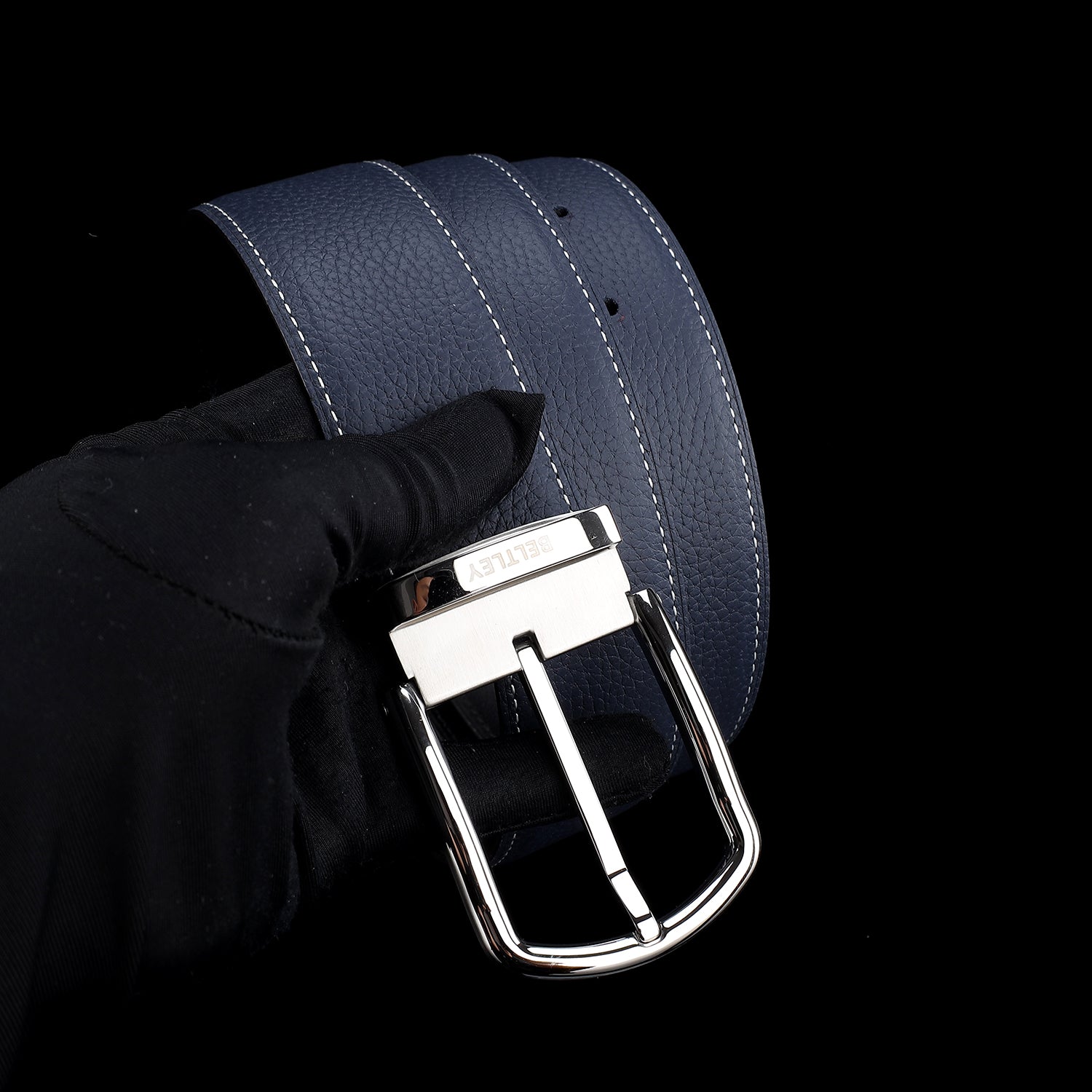 BELTLEY Navy Blue Pebbled Leather Belt For Men and Women