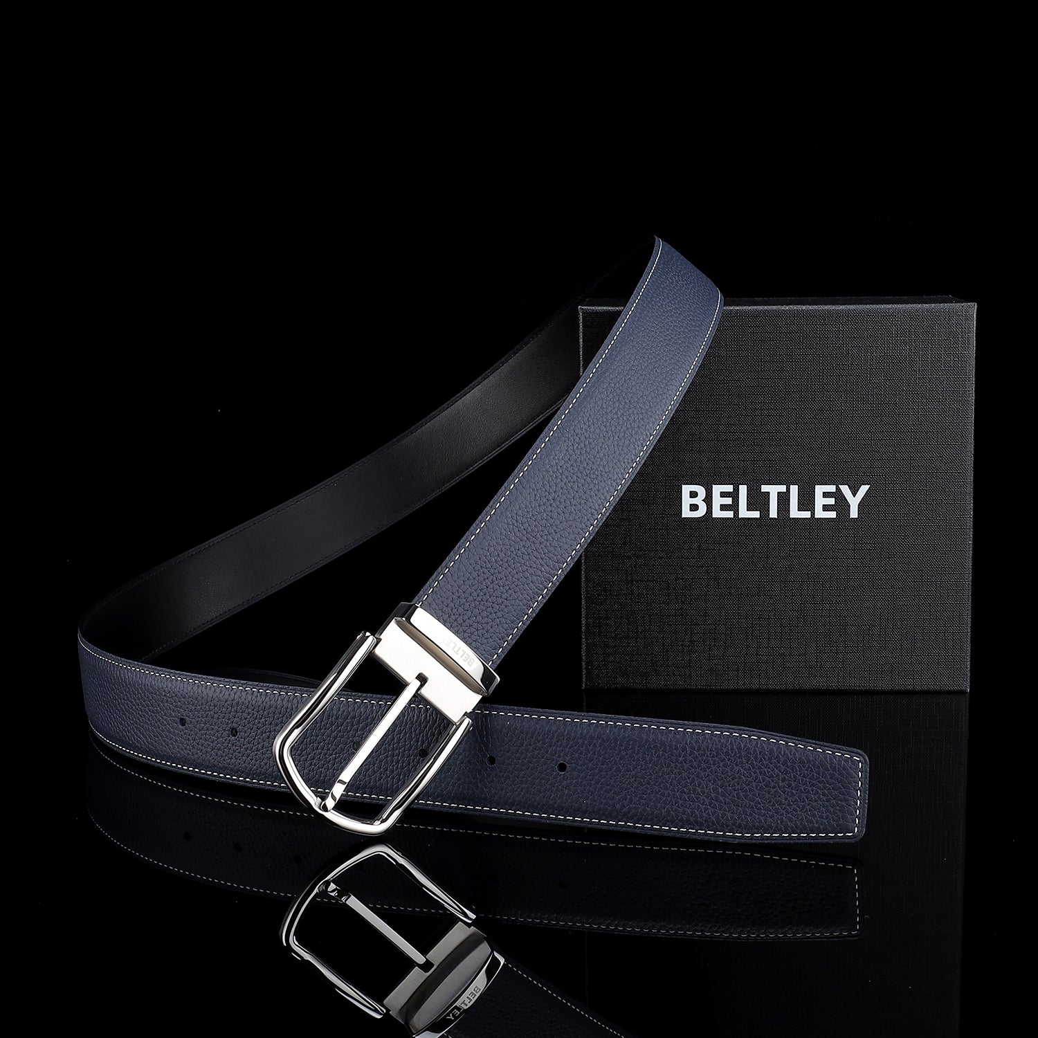 BELTLEY Navy Blue Pebbled Leather Belt For Men and Women