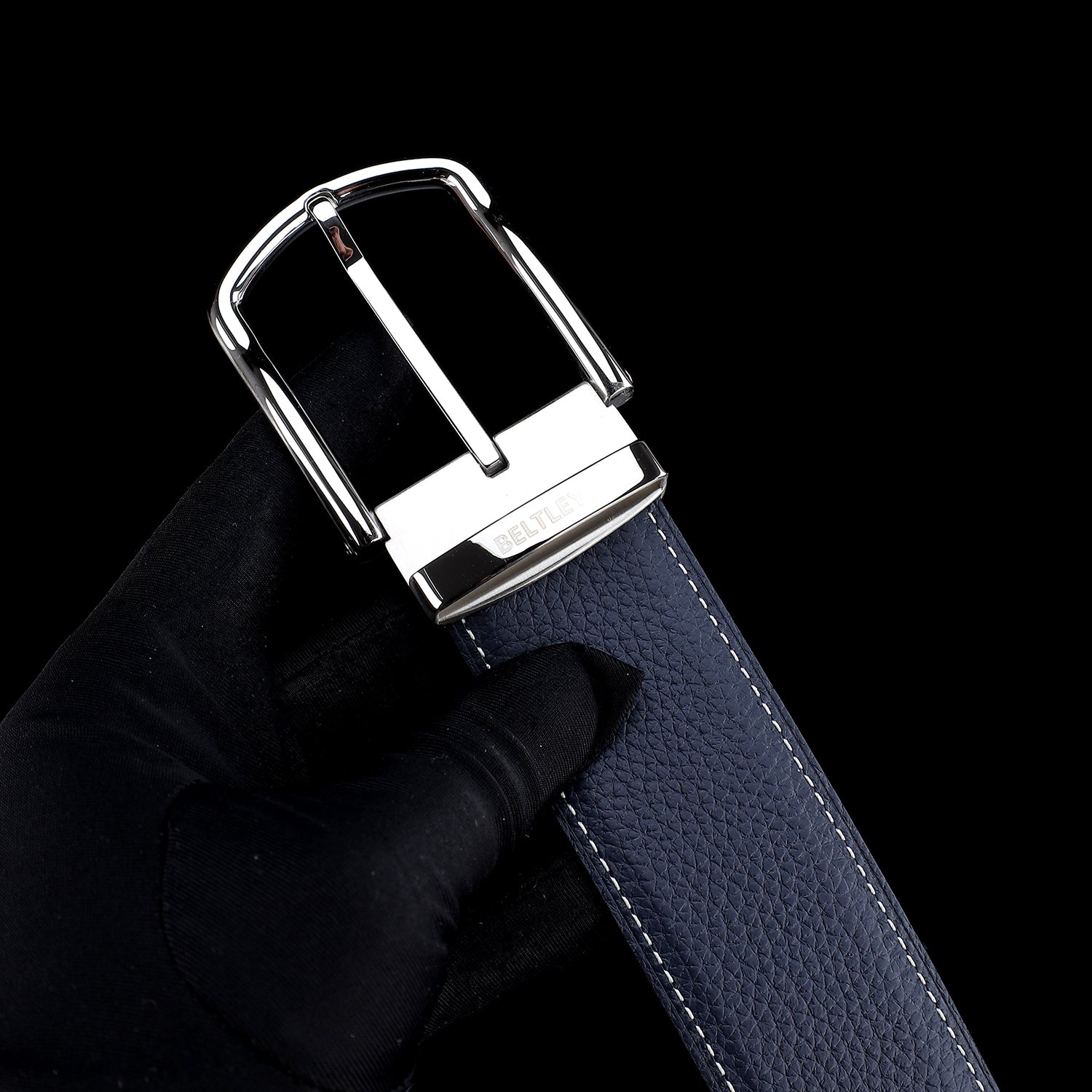 BELTLEY Navy Blue Pebbled Leather Belt For Men and Women