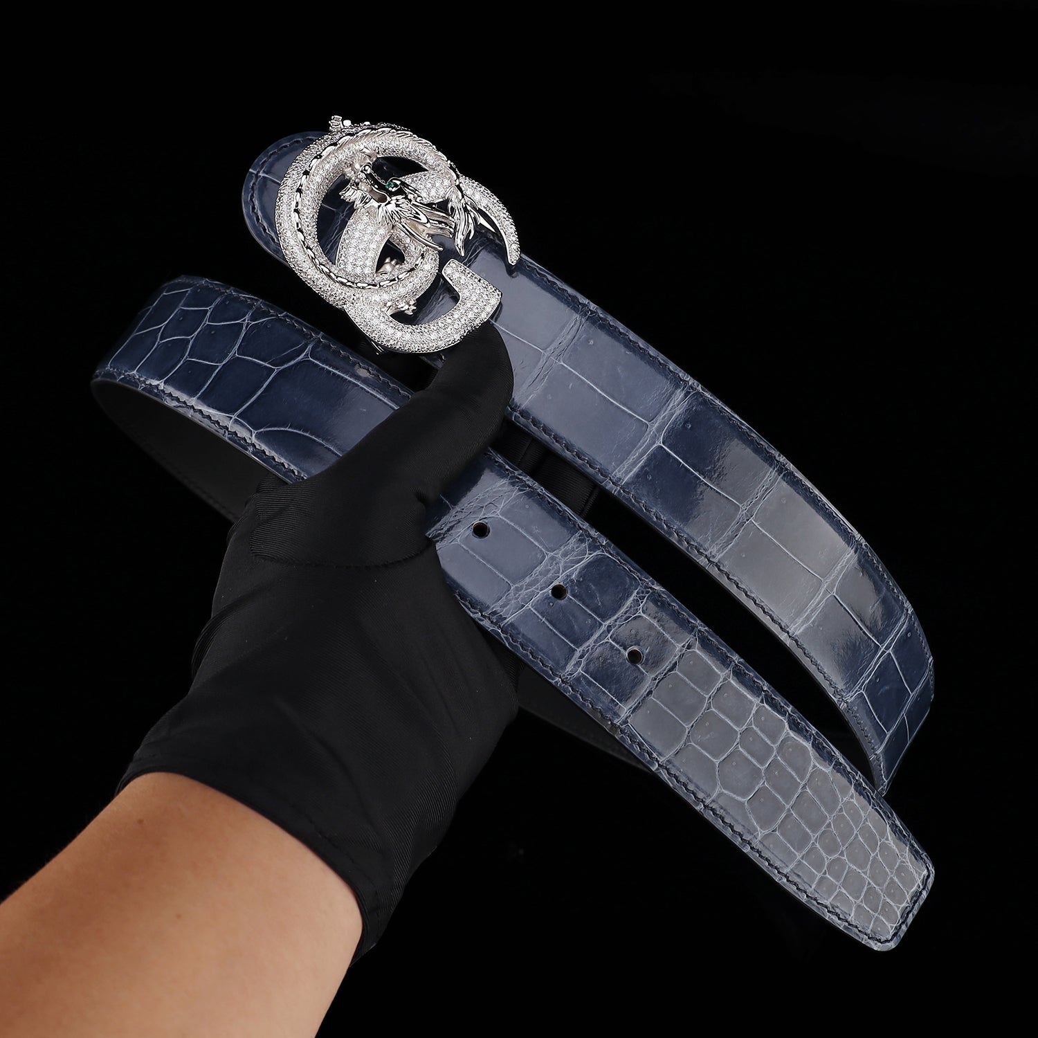 BELTLEY Nile Crocodile Storm Blue Glazed Belt With Dragon Buckle