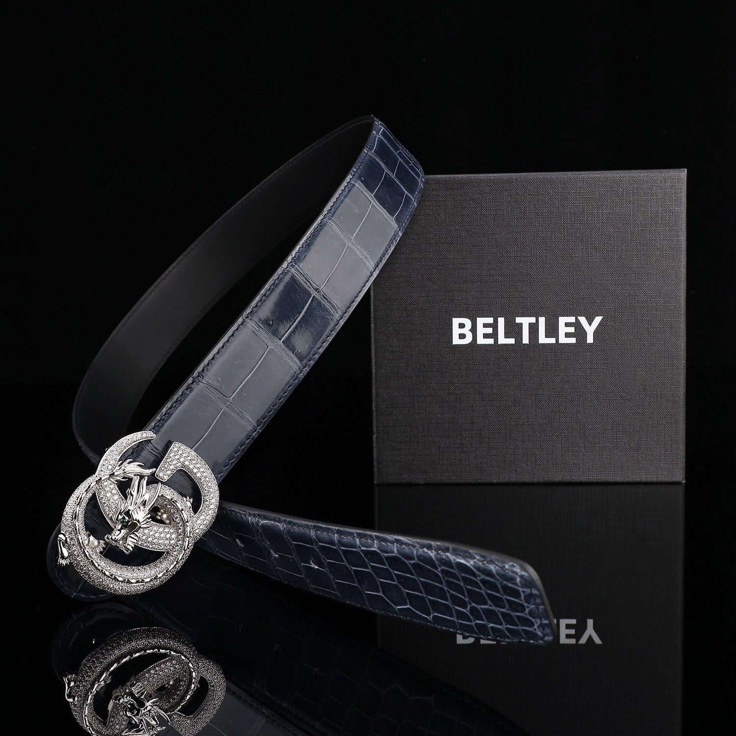 BELTLEY Nile Crocodile Storm Blue Glazed Belt With Dragon Buckle