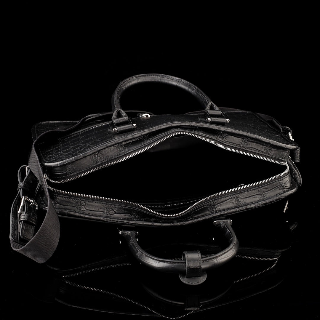 BELTLEY Onyx Black Matte Crocodile Briefcase For Men-Business Bag