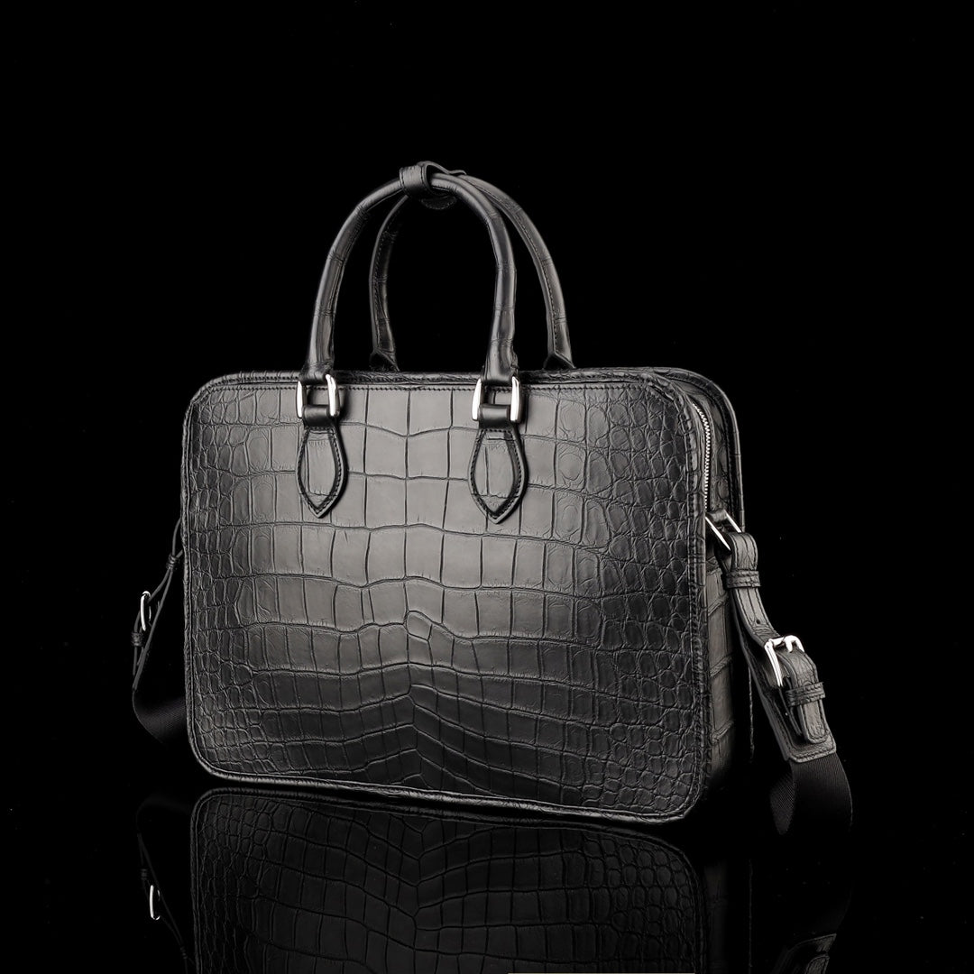 BELTLEY Onyx Black Matte Crocodile Briefcase For Men-Business Bag