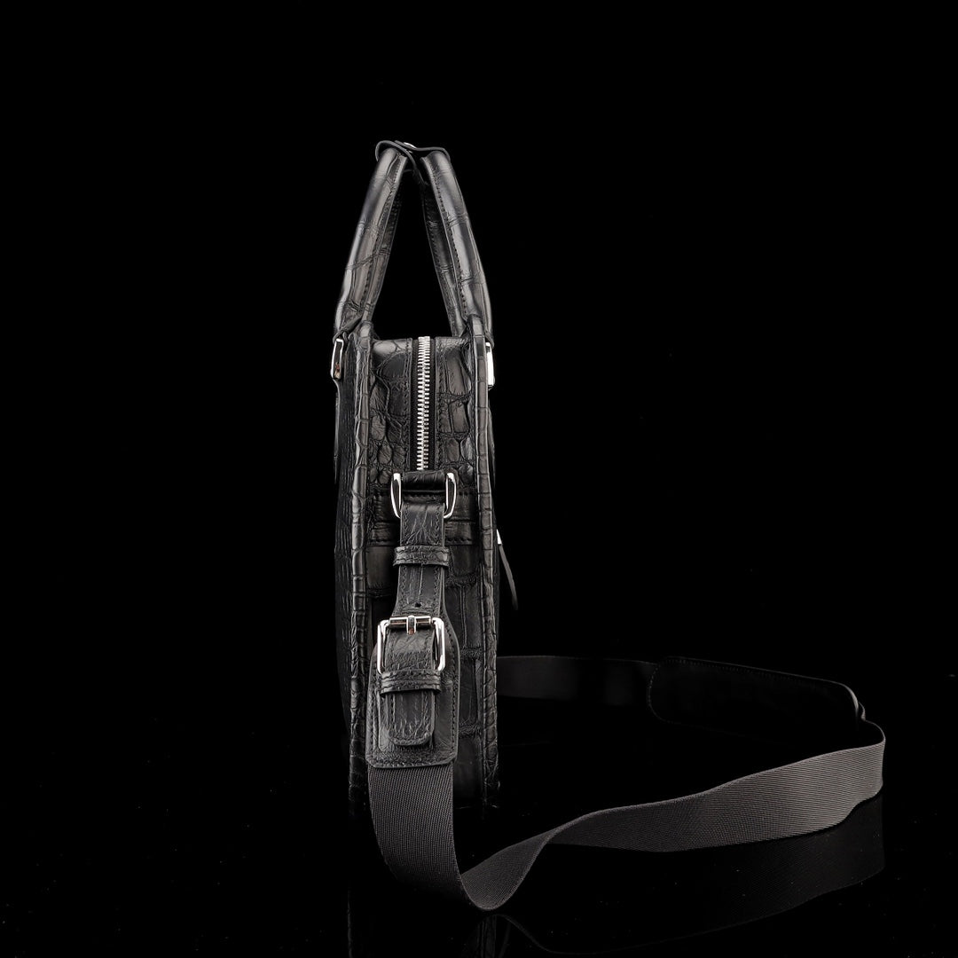 BELTLEY Onyx Black Matte Crocodile Briefcase For Men-Business Bag