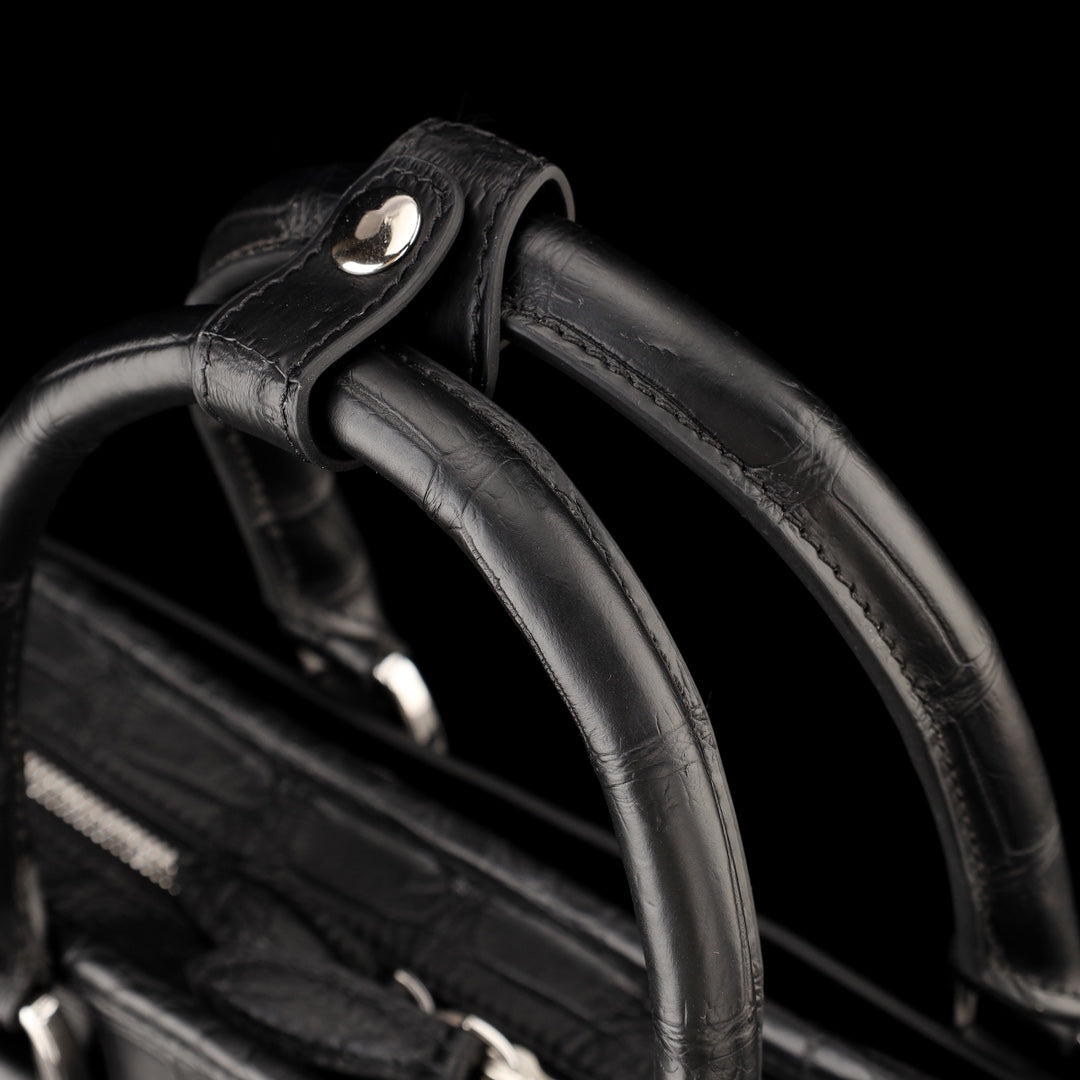 BELTLEY Onyx Black Matte Crocodile Briefcase For Men-Business Bag