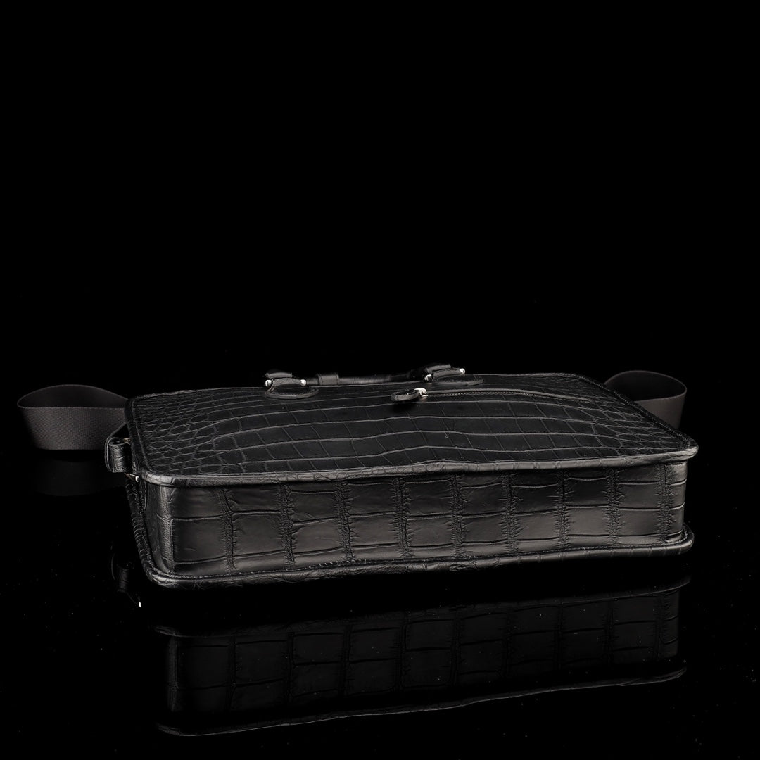 BELTLEY Onyx Black Matte Crocodile Briefcase For Men-Business Bag
