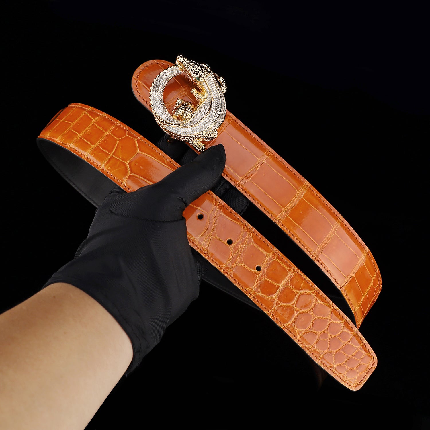 BELTLEY Orange Glossy Nile Crocodile Belt with 3D Crocodile Buckle