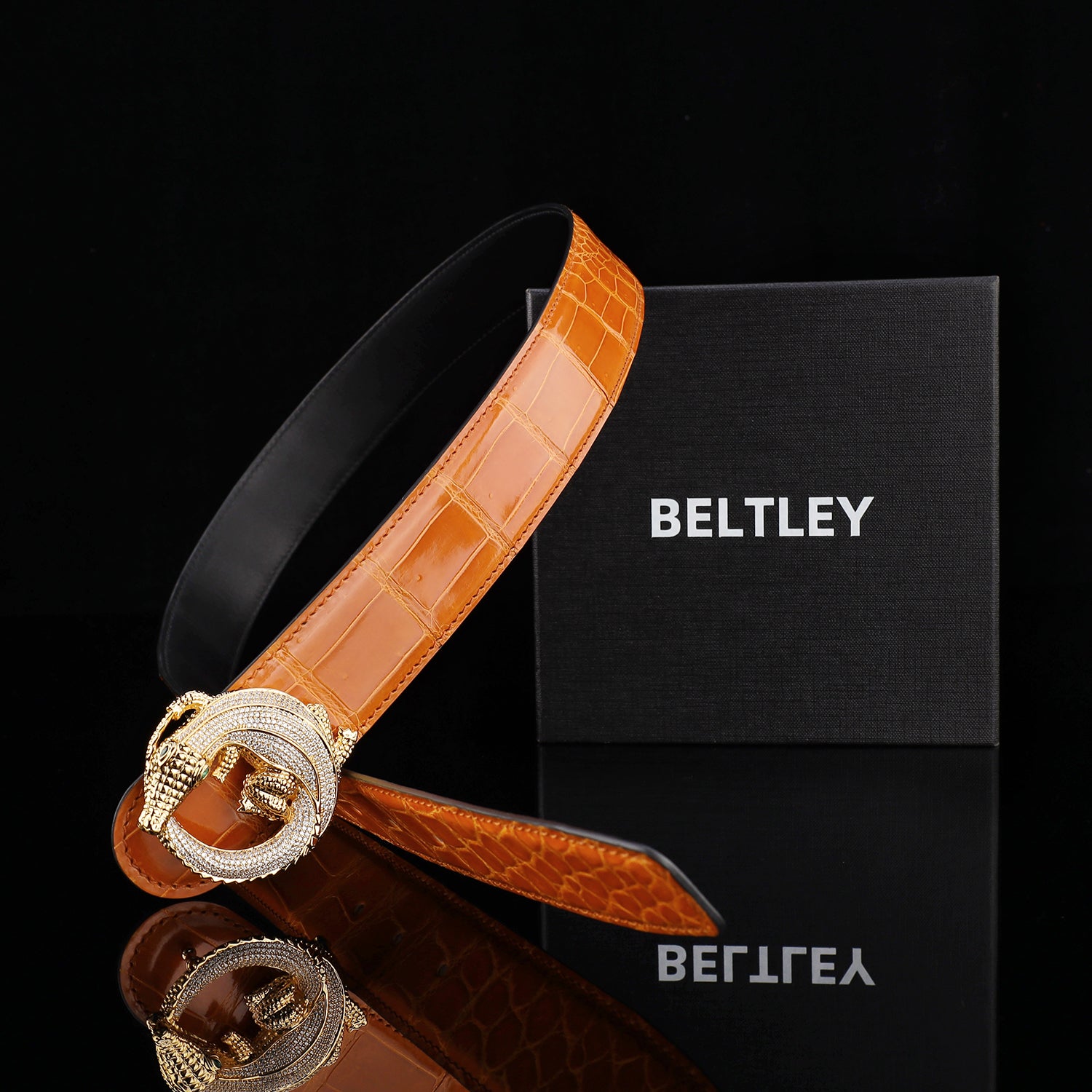 BELTLEY Orange Glossy Nile Crocodile Belt with 3D Crocodile Buckle