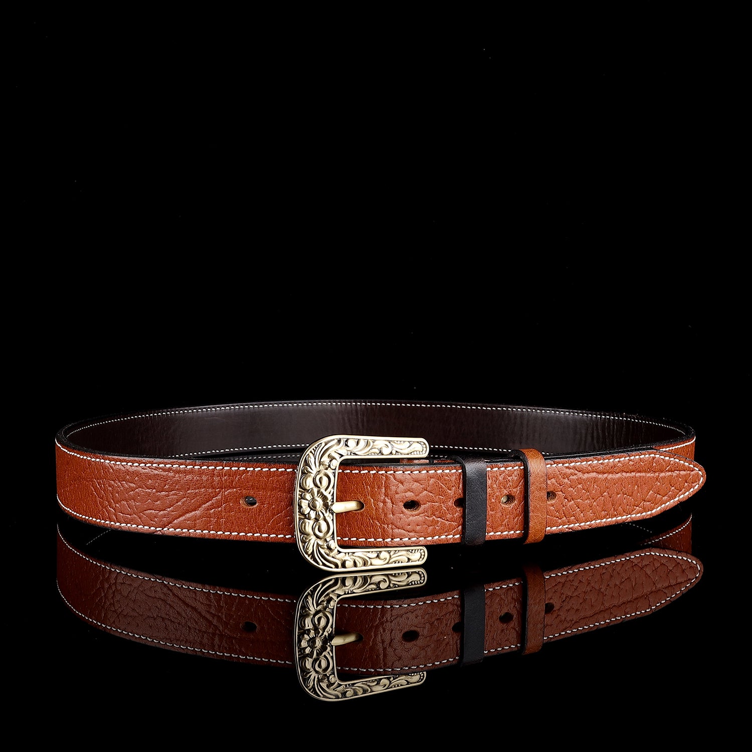 BELTLEY Vintage Belt with Solid Floral Brass Buckle for Men (1.5")