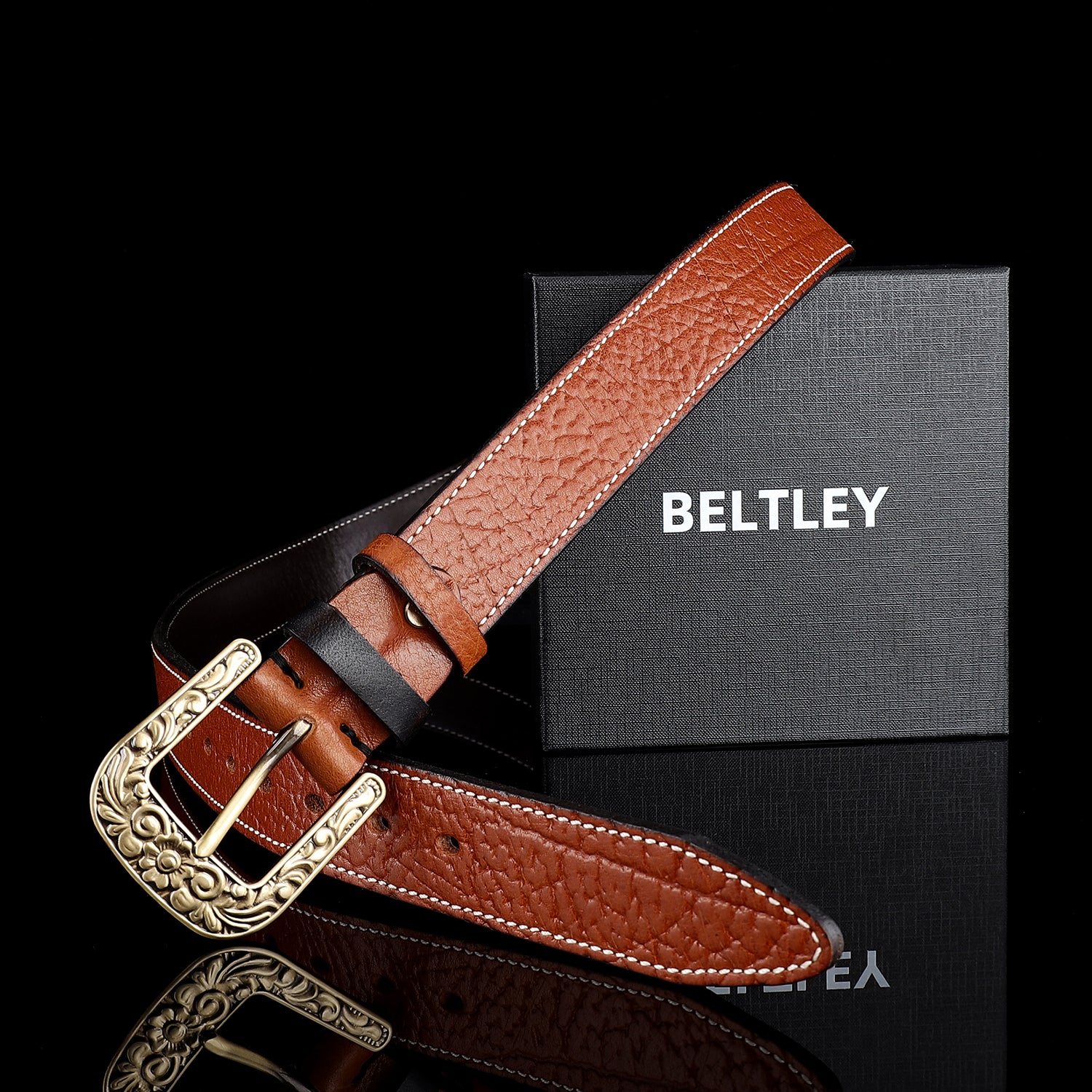BELTLEY Vintage Belt with Solid Floral Brass Buckle for Men (1.5")