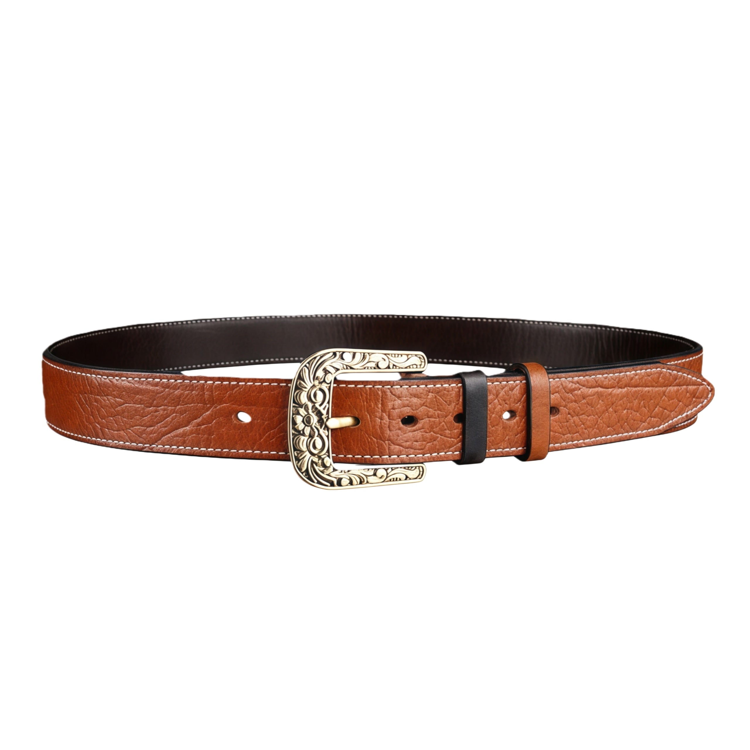 BELTLEY Vintage Belt with Solid Floral Brass Buckle for Men (1.5")