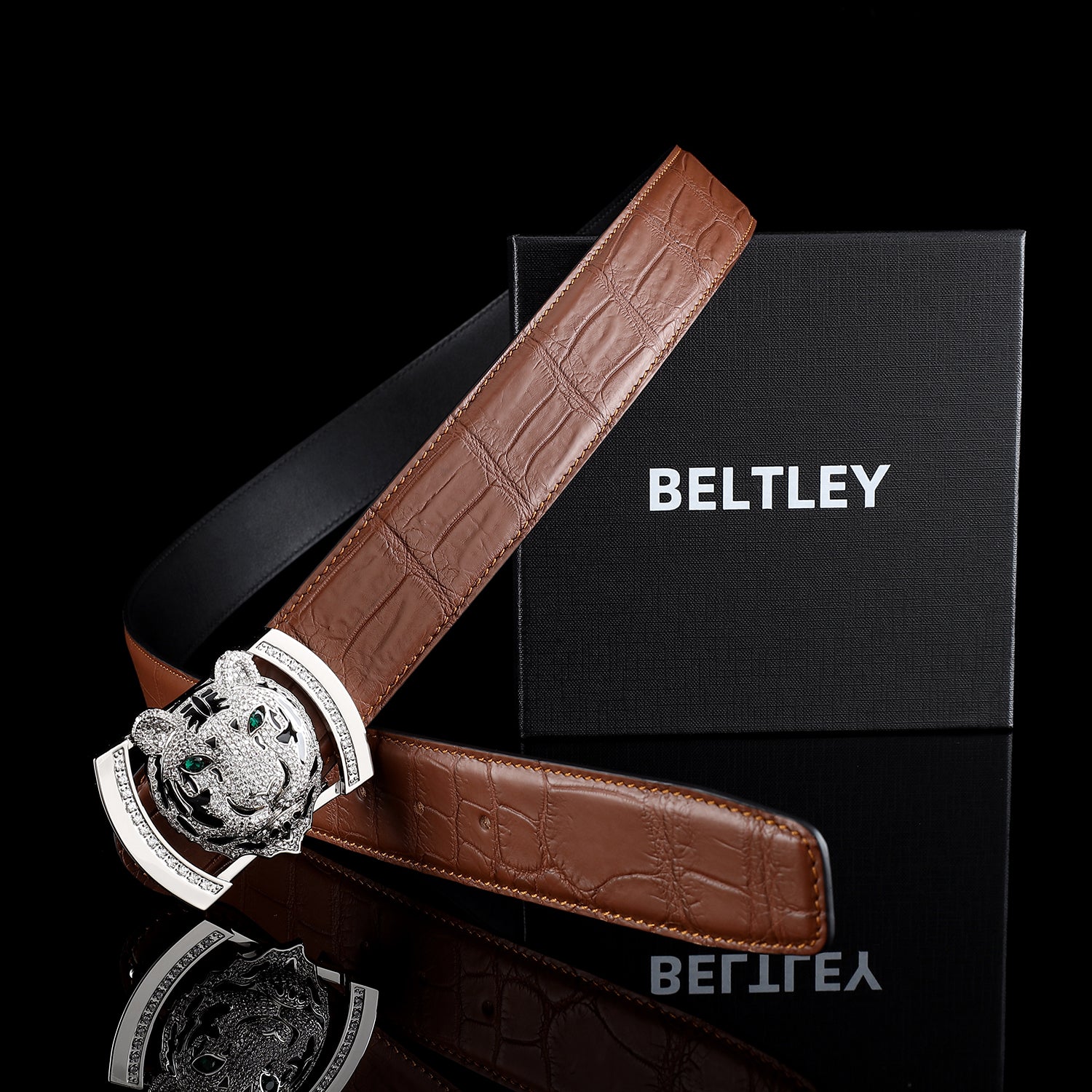 BELTLEY Original Brown Crocodile Skin Belt with Silver Tiger Buckle