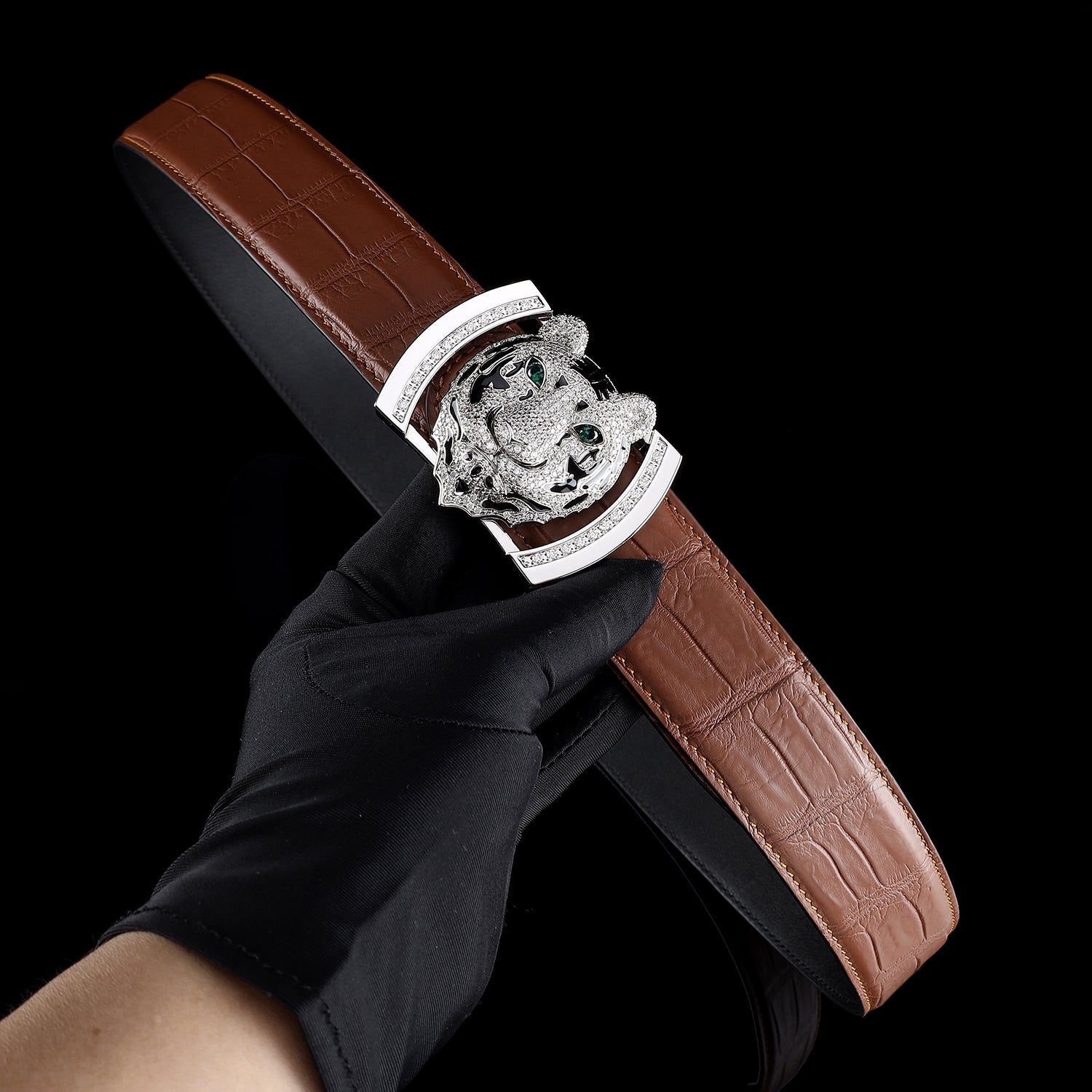 BELTLEY Original Brown Crocodile Skin Belt with Silver Tiger Buckle