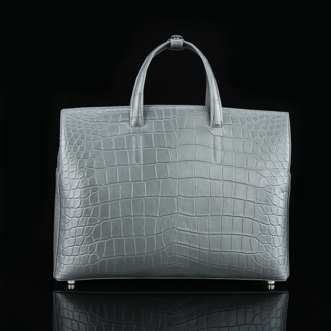 BELTLEY Platinum Gray CEO Briefcase | Luxury Crocodile Leather Business Bag for Men