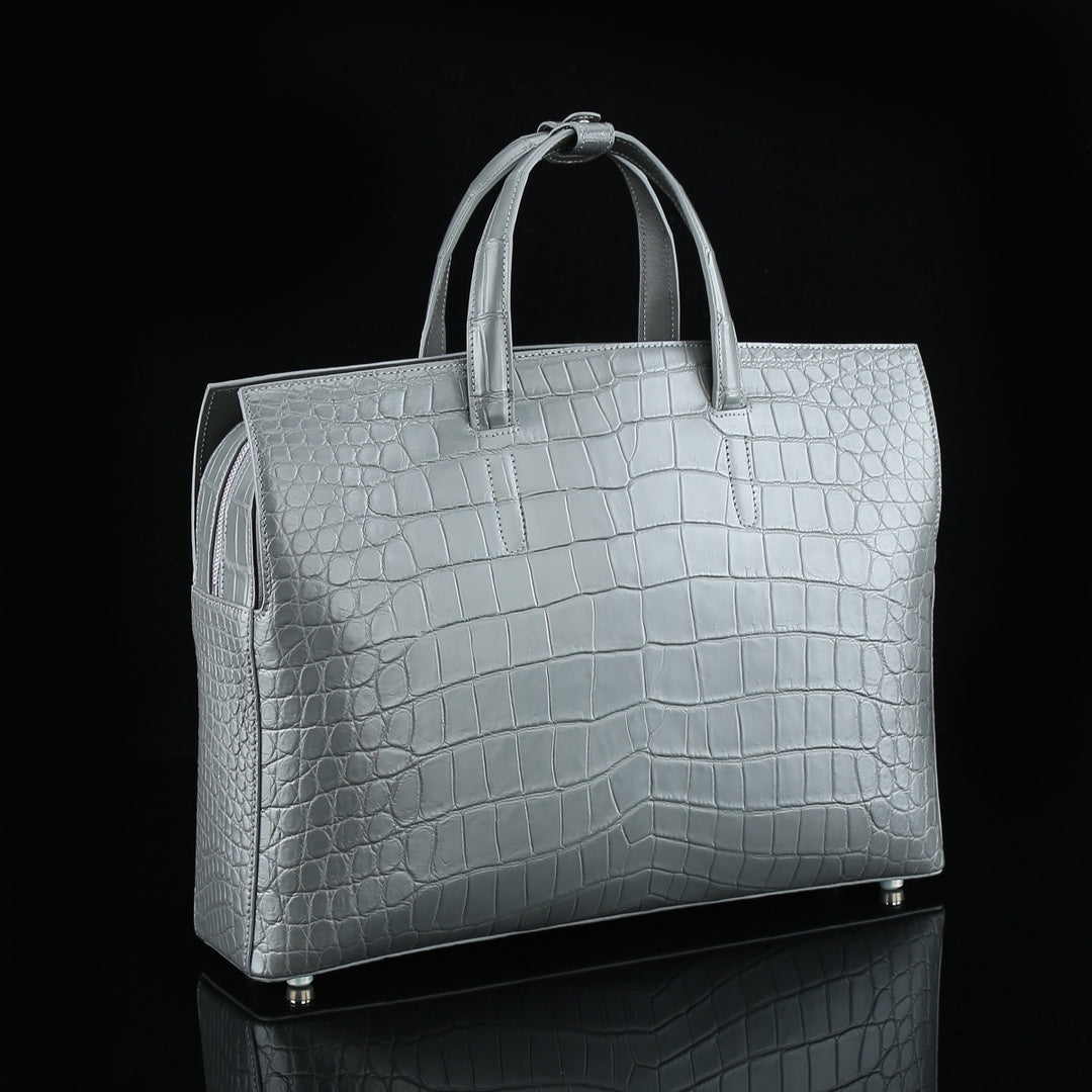 BELTLEY Platinum Gray CEO Briefcase | Luxury Crocodile Leather Business Bag for Men