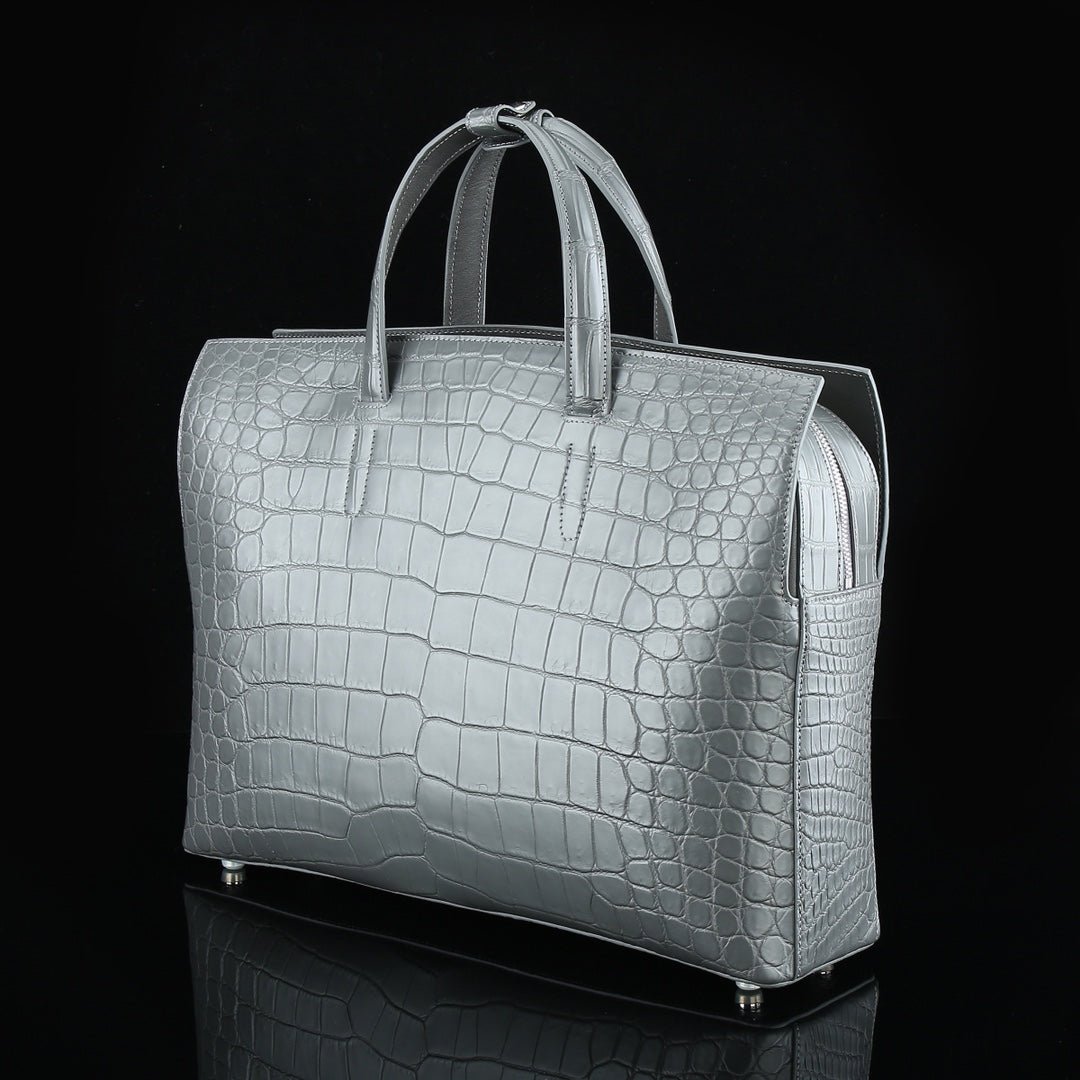 BELTLEY Platinum Gray CEO Briefcase | Luxury Crocodile Leather Business Bag for Men