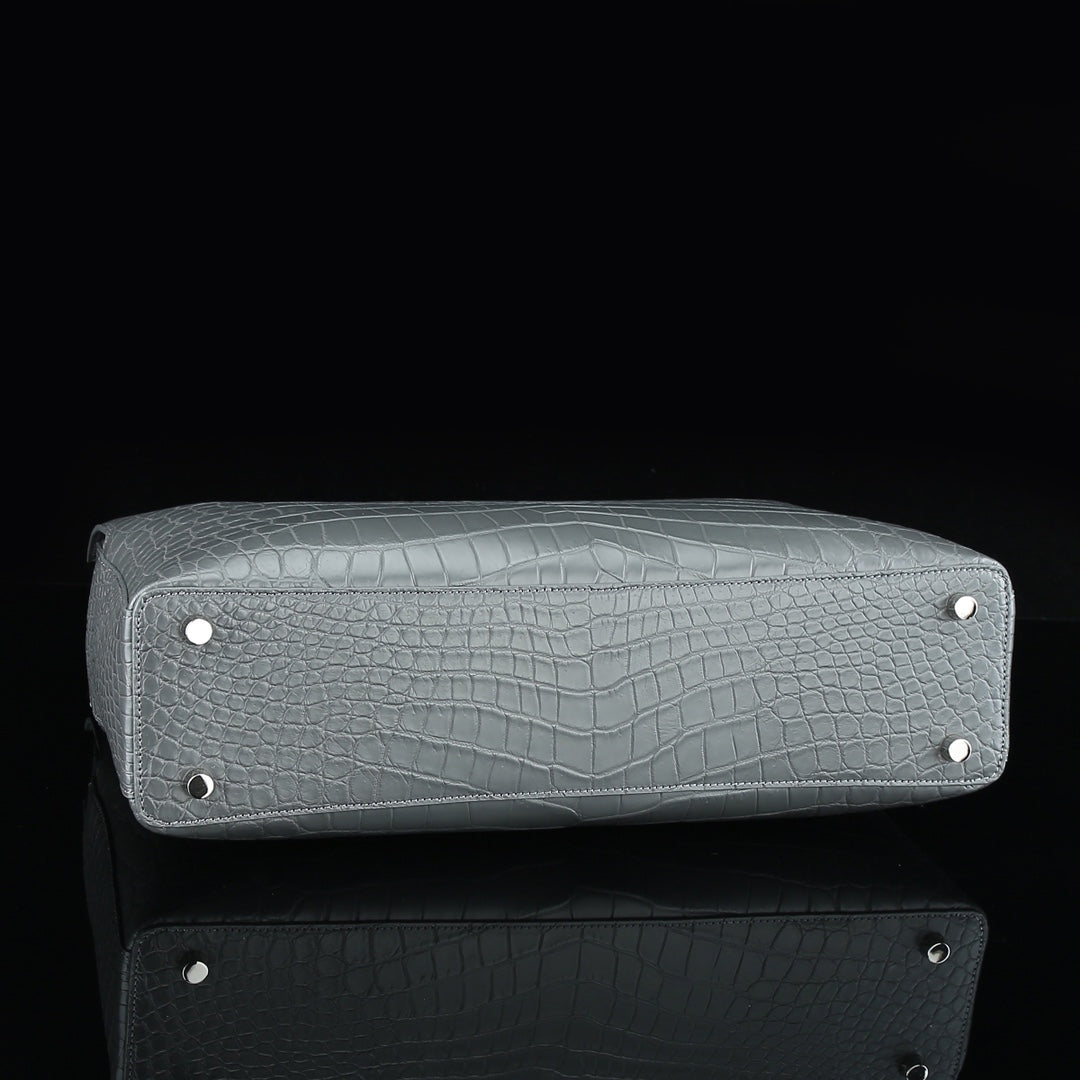 BELTLEY Platinum Gray CEO Briefcase | Luxury Crocodile Leather Business Bag for Men