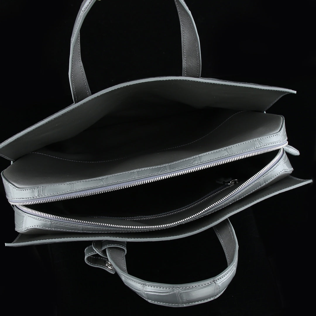 BELTLEY Platinum Gray CEO Briefcase | Luxury Crocodile Leather Business Bag for Men