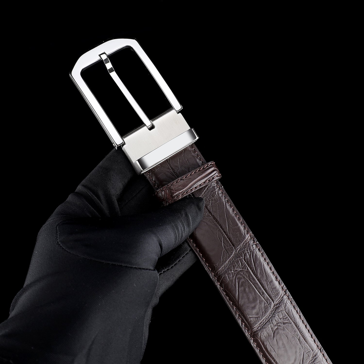 BELTLEY Polished Buckle Crocodile Belt - Espresso Brown 1.38 inches