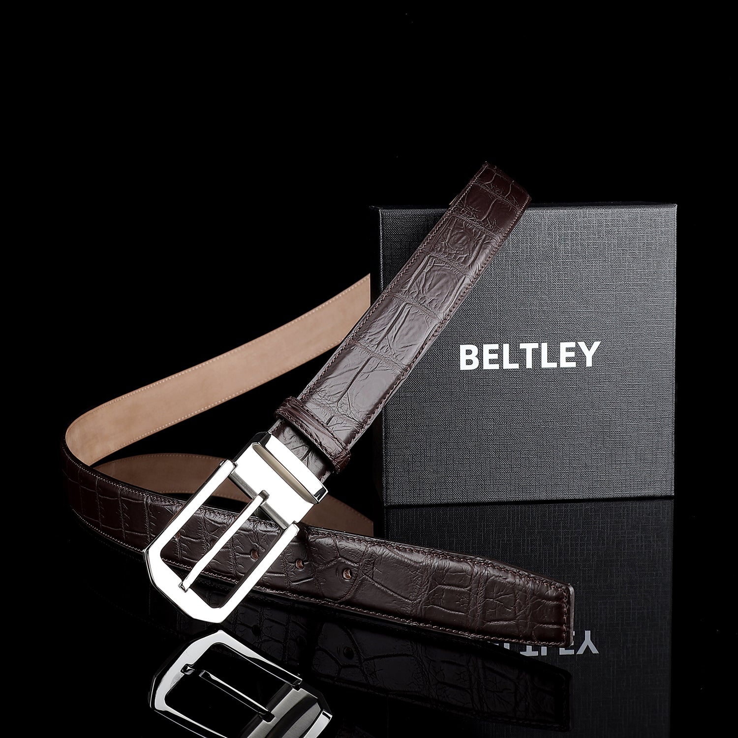 BELTLEY Polished Buckle Crocodile Belt - Espresso Brown 1.38 inches