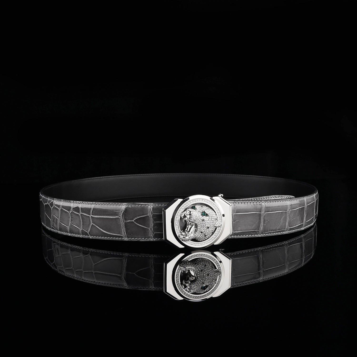 BELTLEY Polished Graphite Gray Crocodile Belt for Men